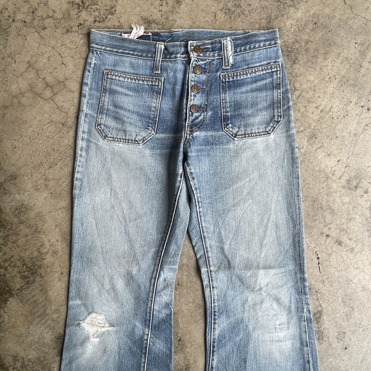 Edwin 🔥Vintage 80s Edwin Tapped Pocket Distress Flare Denim Jeans Size US 30 / EU 46 - 2 Thumbnail