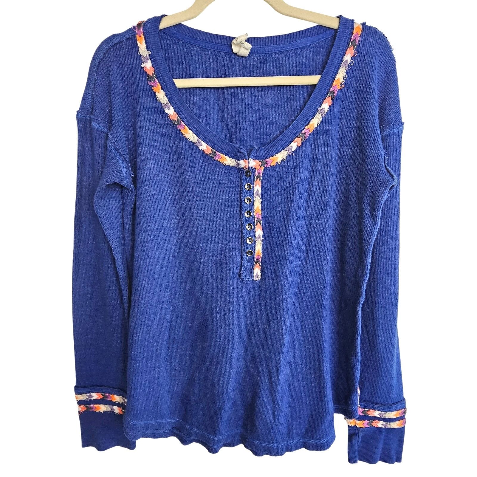Free People Free People Rainbow Thermal Tee Blue Henley Embroiderd Boho Size M / US 6-8 / IT 42-44 - 2 Thumbnail
