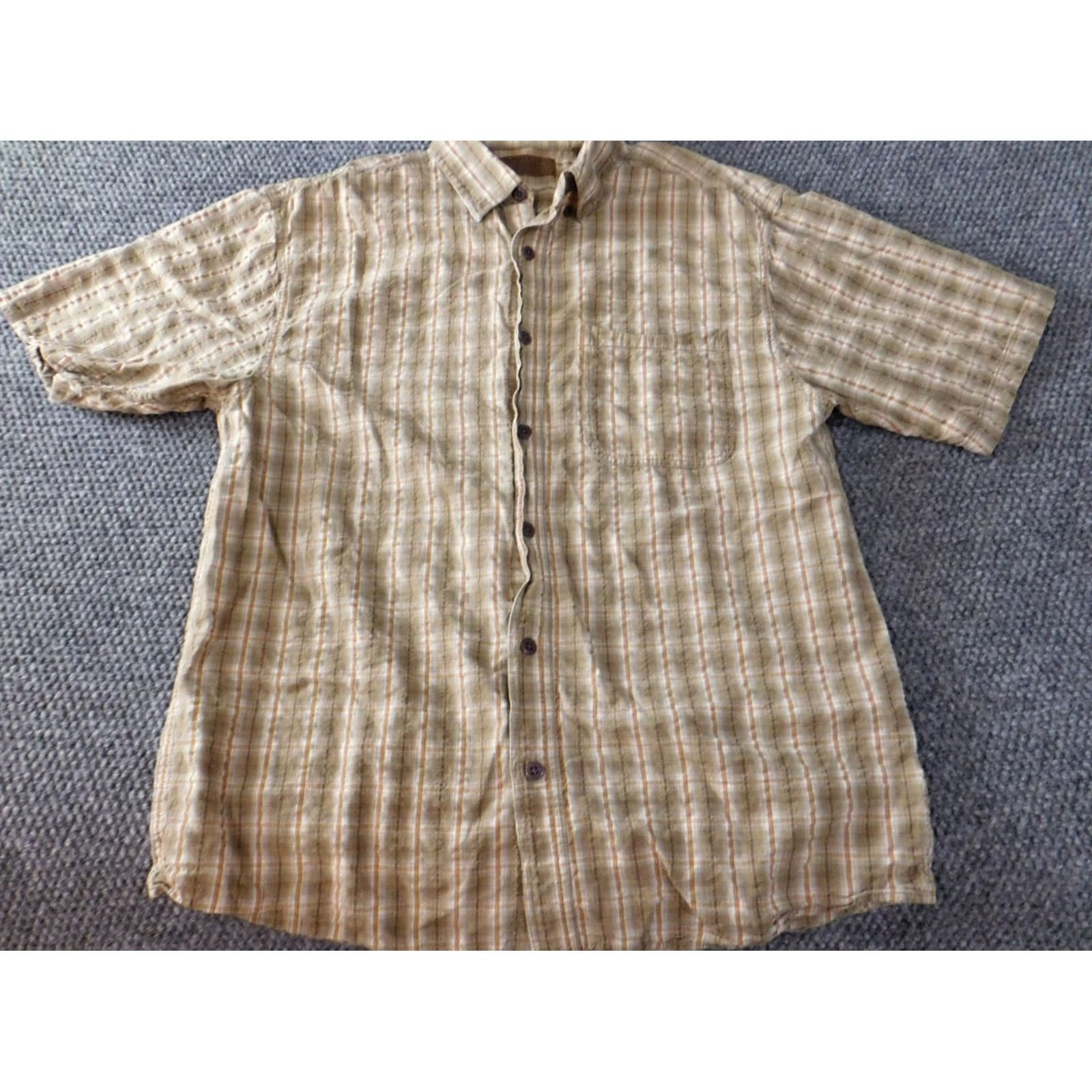 Vintage Morgan Creek Shirt Mens Medium Beige Plaid Button-Up Casual Short Sleeve Collared Knit Cotton Logo Pockets Classic Regular American Size M Size US M / EU 48-50 / 2 - 2 Thumbnail