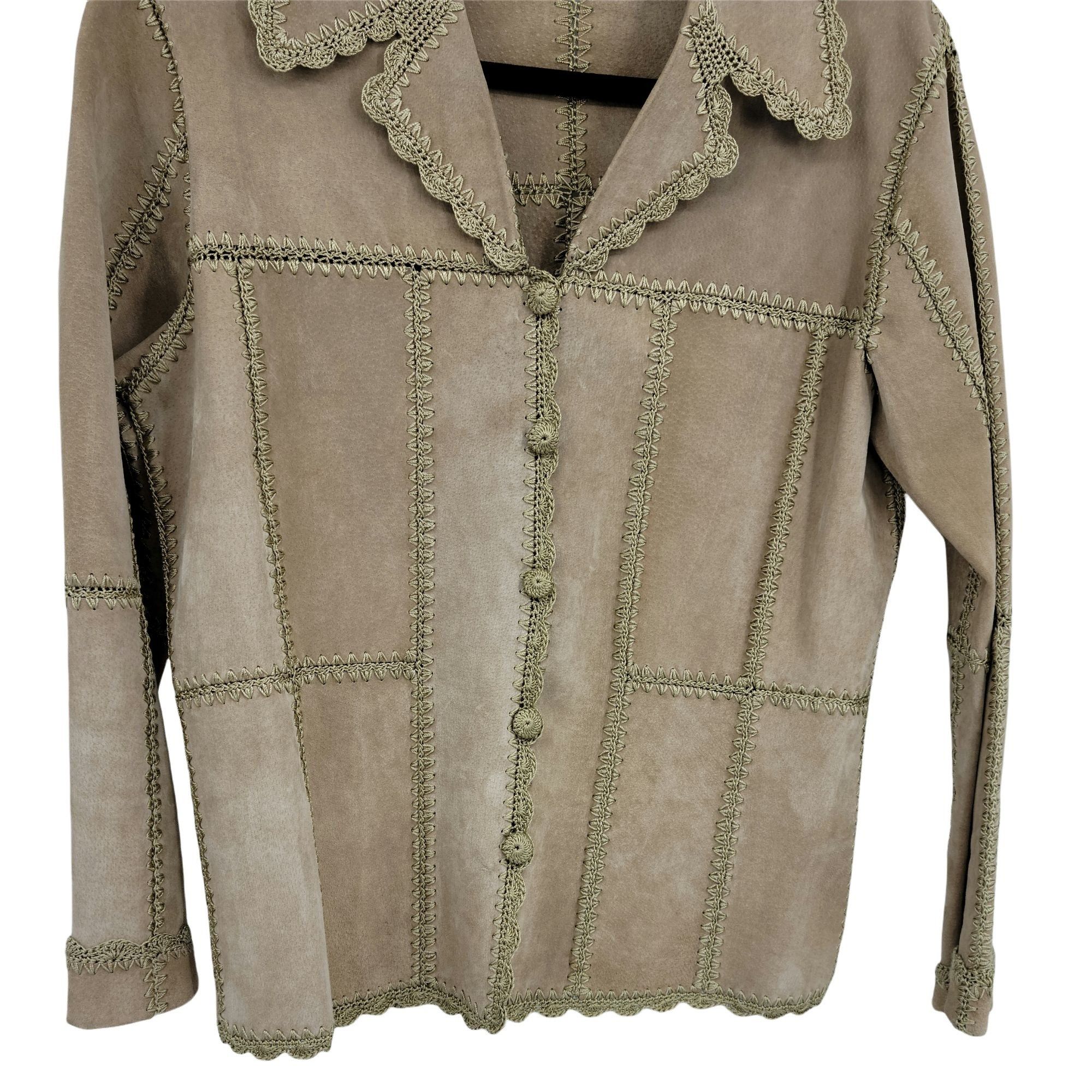 Vintage Vtg Boho Leather Shacket Jacket Sz M Tan Crochet Patchwork S Size M / US 6-8 / IT 42-44 - 5 Thumbnail