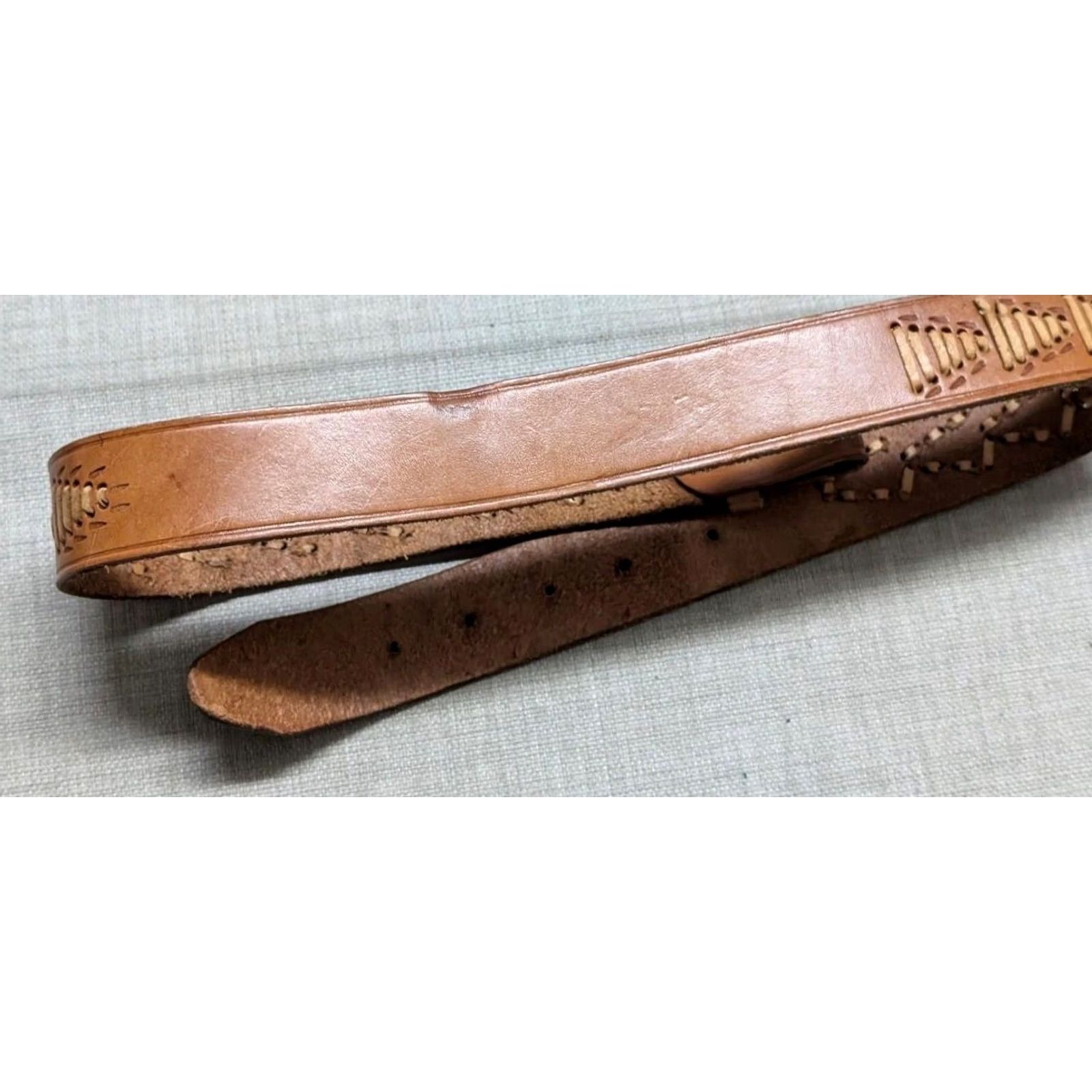 Vintage VINTAGE handcrafted tooled leather Western Belt 38 Mens Brown Weave Hippie 1970s Cowboy Boho Western Belt Mens Size 38 - 7 Thumbnail