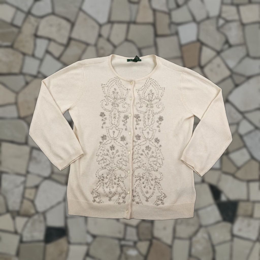 Lauren Ralph Lauren Cardigan Sweater Women's Large Beige Beaded Knit Silk Cashmere Crew Neck Long Sleeve Geometric Womens