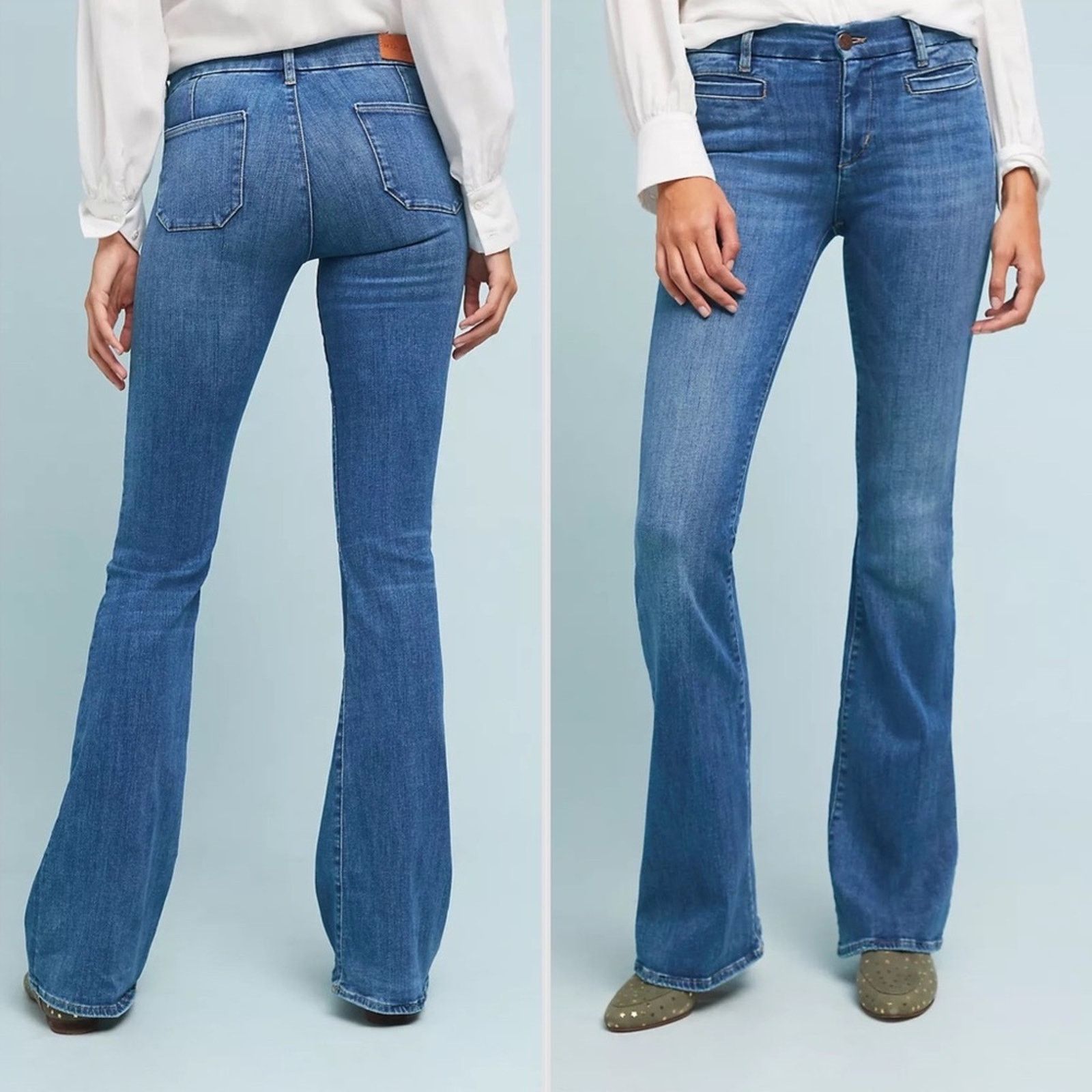 image of Anthropologie Mih Mid Rise Light Blue Wash Kick Flare Jeans, Women's (Size 27)