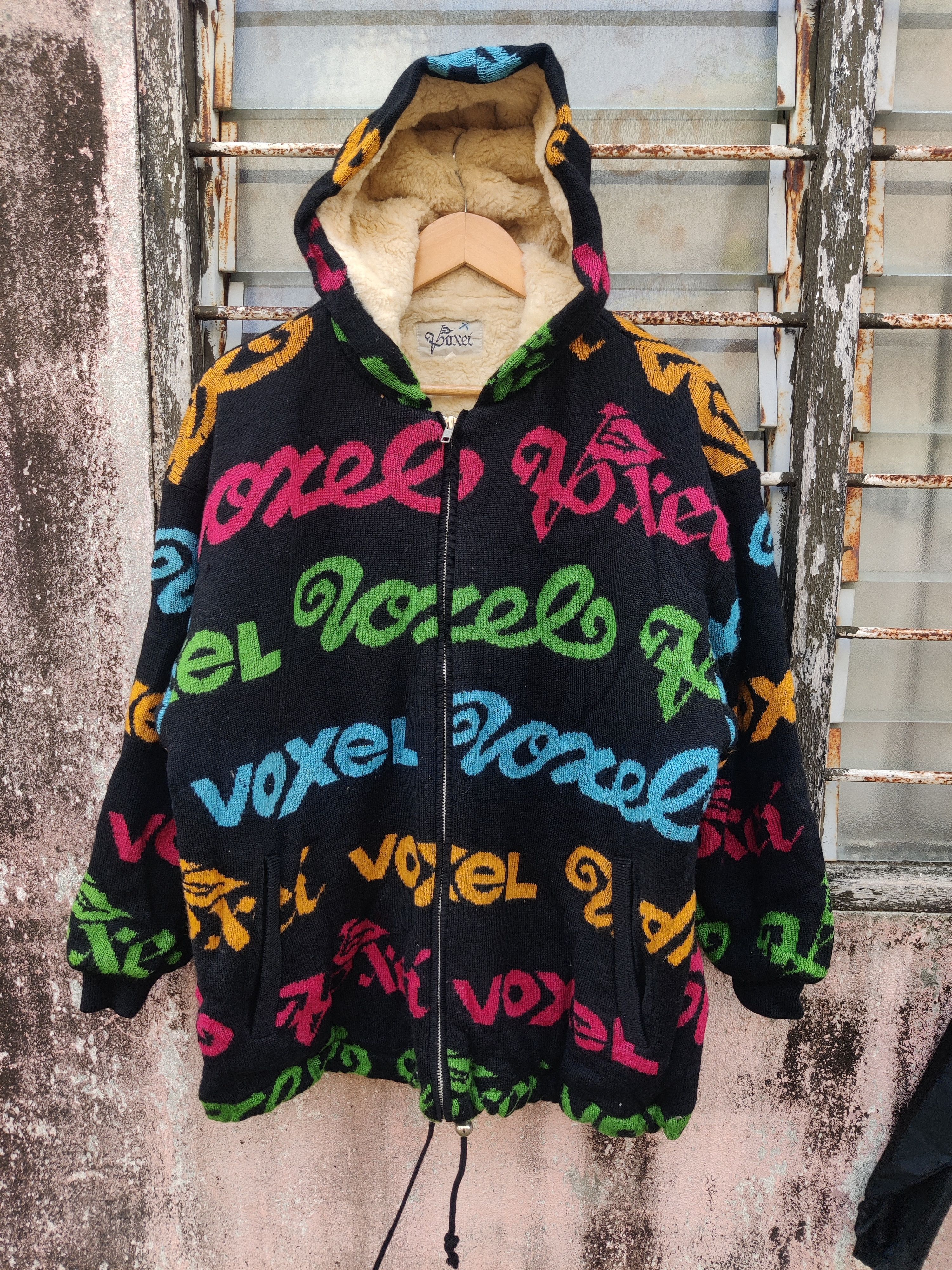 Japanese Brand Vintage Archival Voxel AOP Sherpa Lined Knit Hoodie Jacket Size US M / EU 48-50 / 2 - 2 Thumbnail