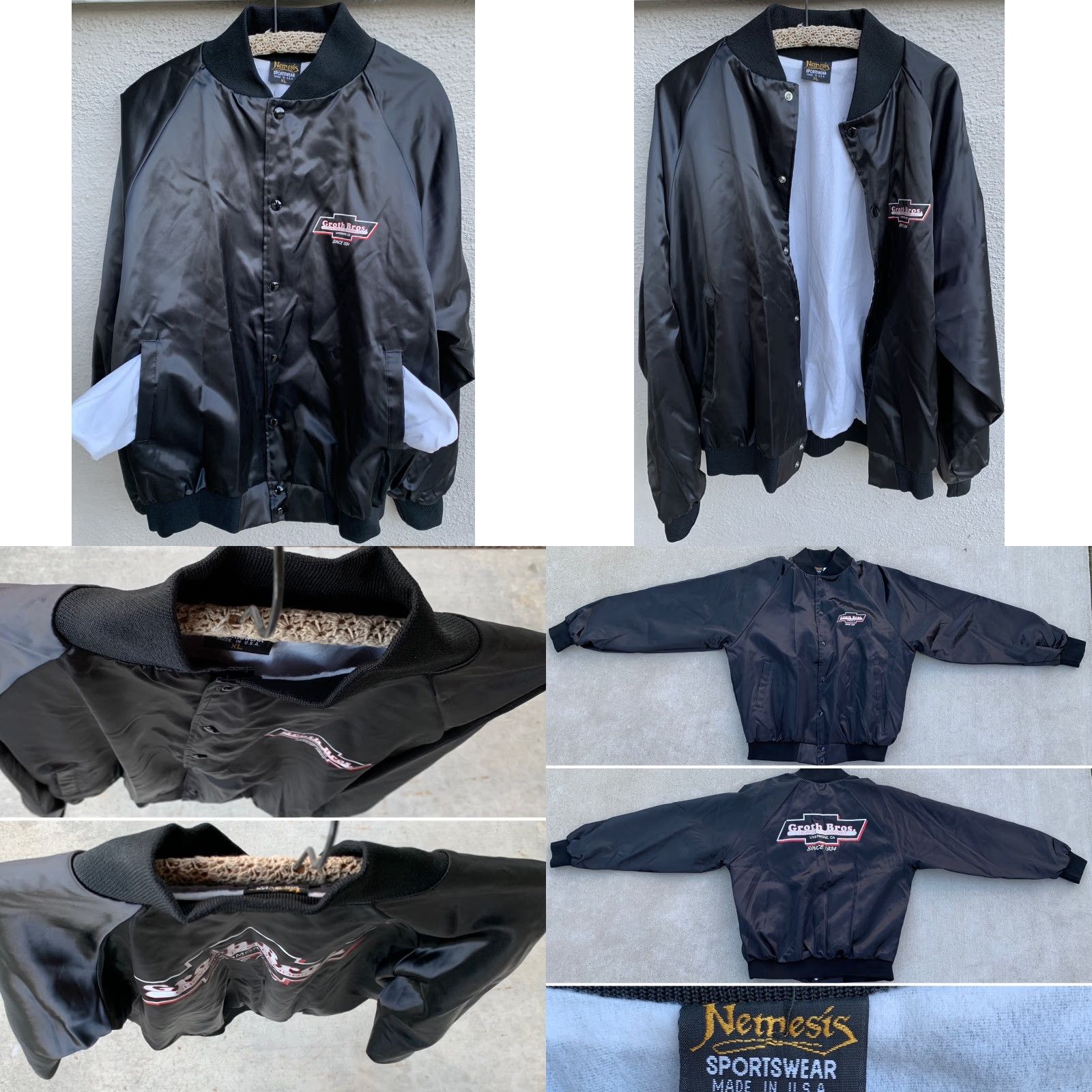 Vintage VINTAGE Nemesis SATIN Bomber Jacket Men's XL Black Cars Transportation Groth Bros Chevrolet Oldsmobile Livermore CA Since 1934 Satin Jacket Size XL Size US XL / EU 56 / 4 - 8 Thumbnail