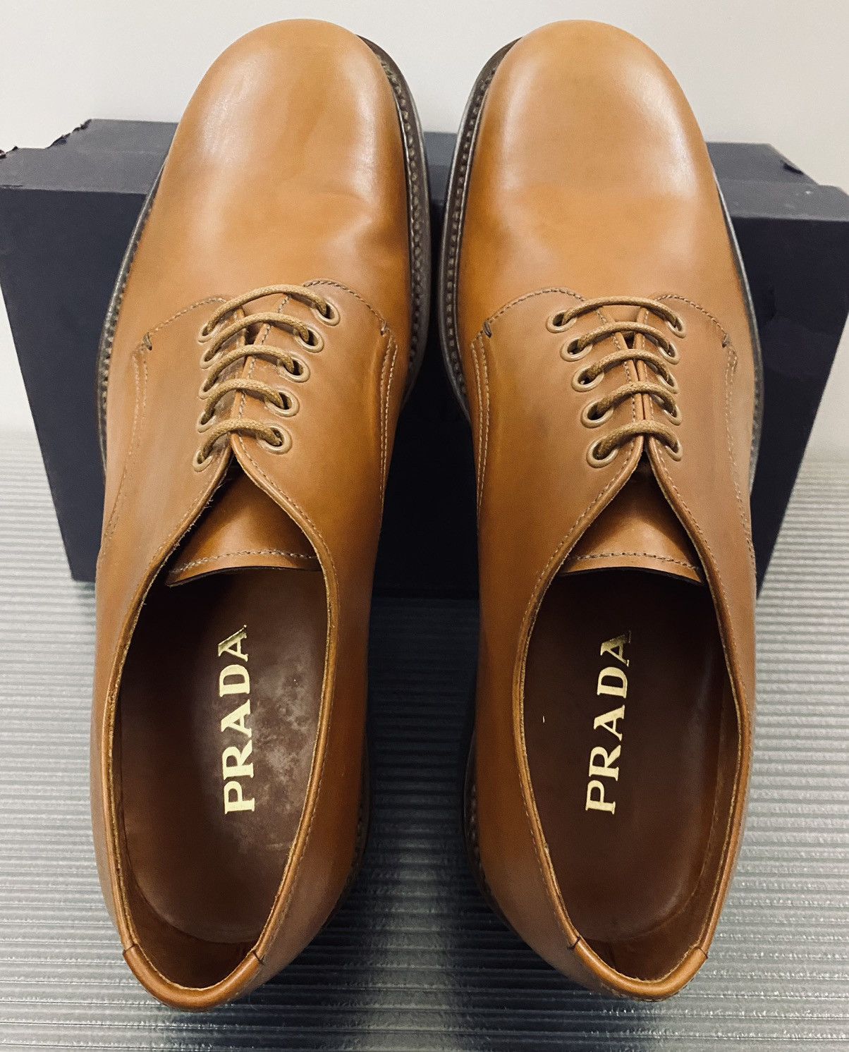 Prada Prada 🇮🇹 cognac cordovan leather triple sole derby 12 NEW Size US 12 / EU 45 - 2 Thumbnail