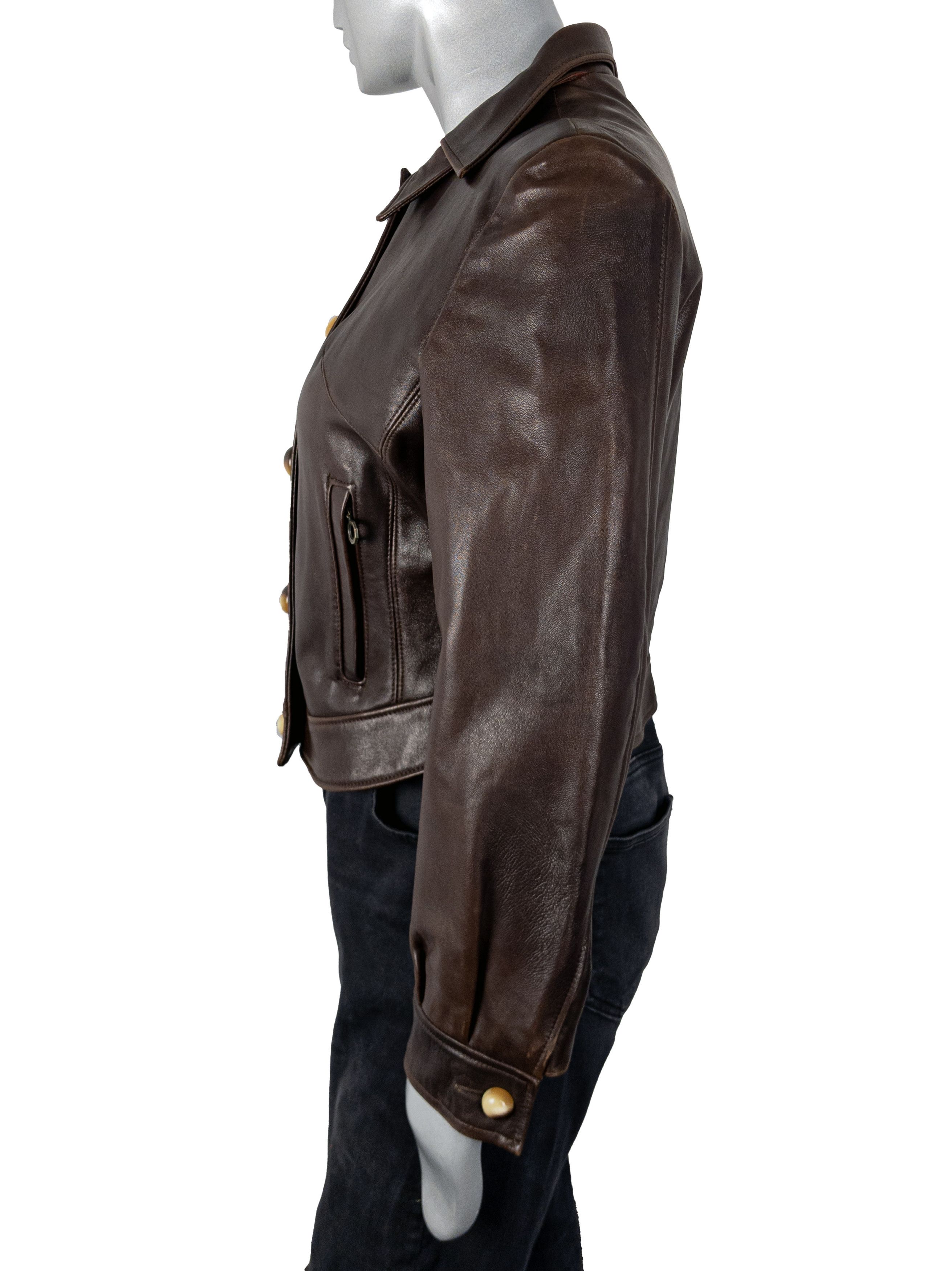 Vintage Vintage UK Women's Brown Cropped Leather Button Down Jacket Size L / US 10 / IT 46 - 8 Thumbnail