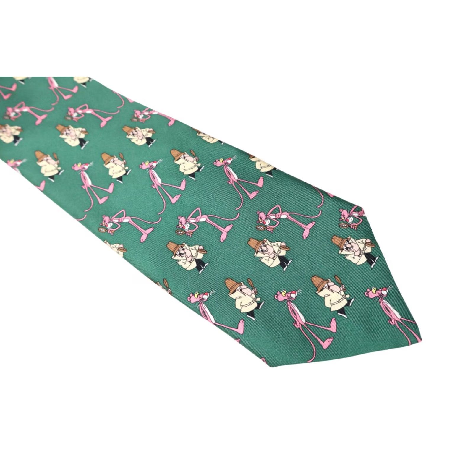 Pinko PINK PANTHER Vintage Tie Men's One Size Green Patterned Pointed Pure Silk Size US 35 - 5 Thumbnail