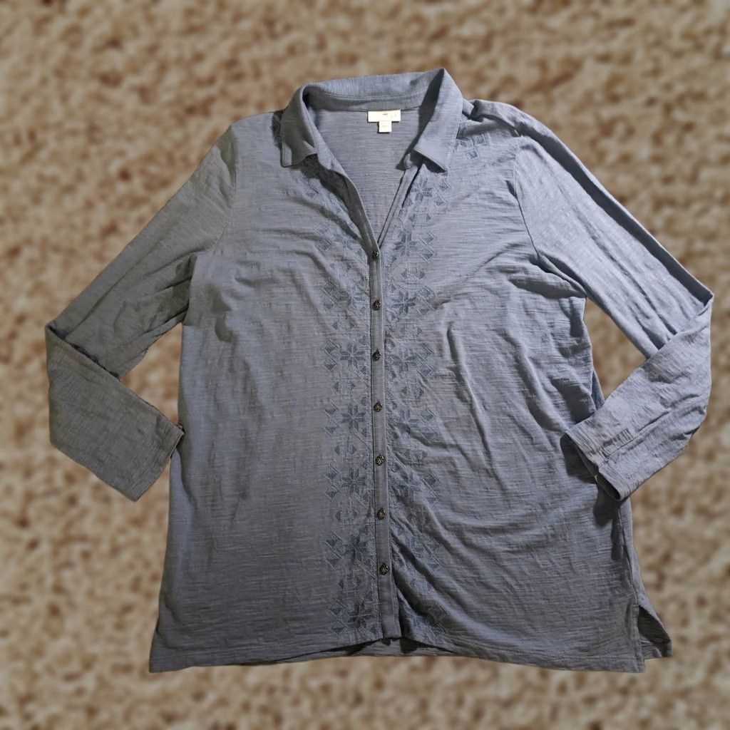 J. Jill J. Jill Top Tunic Women Large Blue Button Embroidered Long Sleeve Casual Career Size L / US 10 / IT 46 - 1 Thumbnail