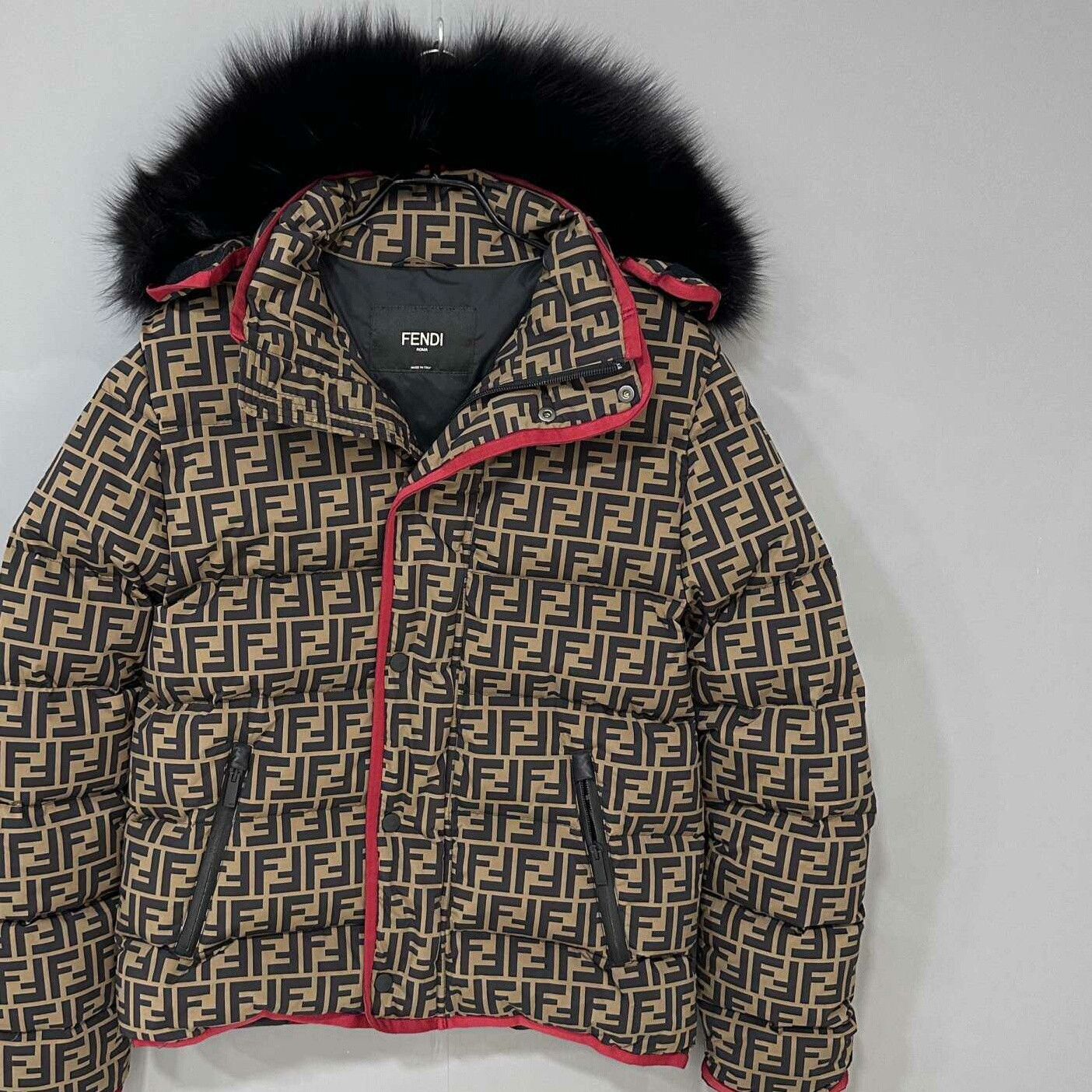 fendi double f print down jacket with fur collar