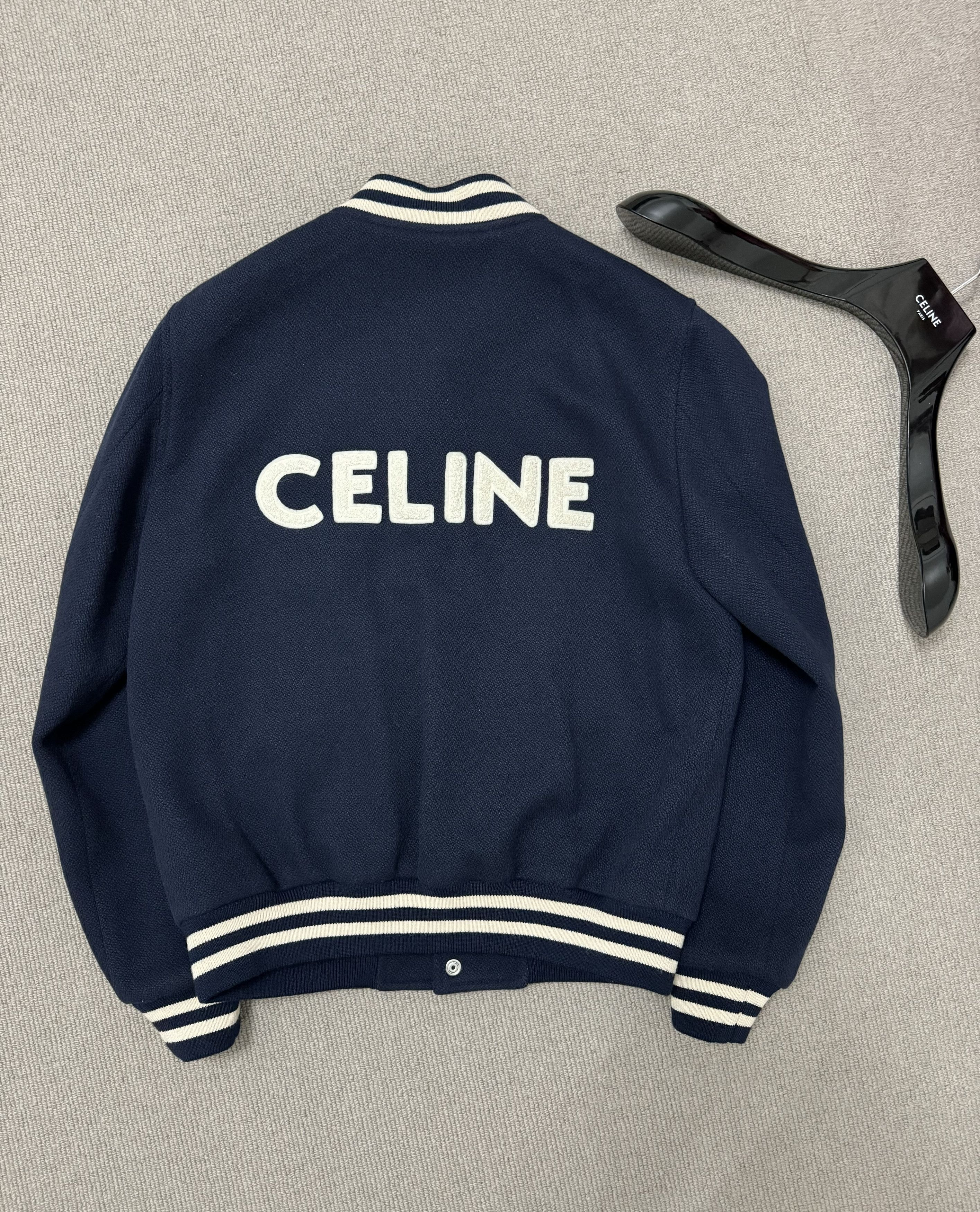 image of Celine Teddy Varsity Jacket in Navy, Men's (Size Small)