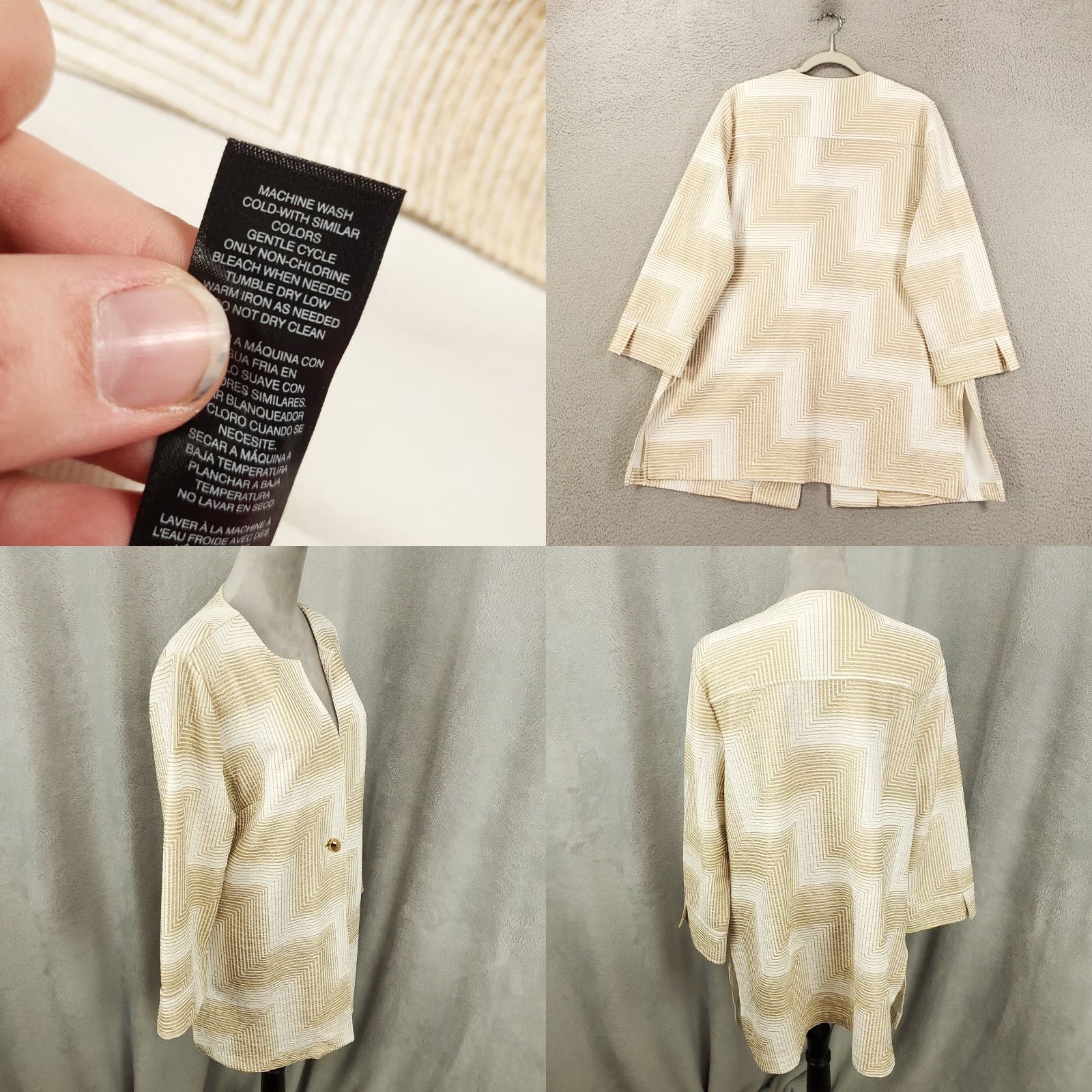 Vintage Chico's Cardigan Womens Large Tan White Geometric Single Button Travelers 2 Size L / US 10 / IT 46 - 8 Thumbnail