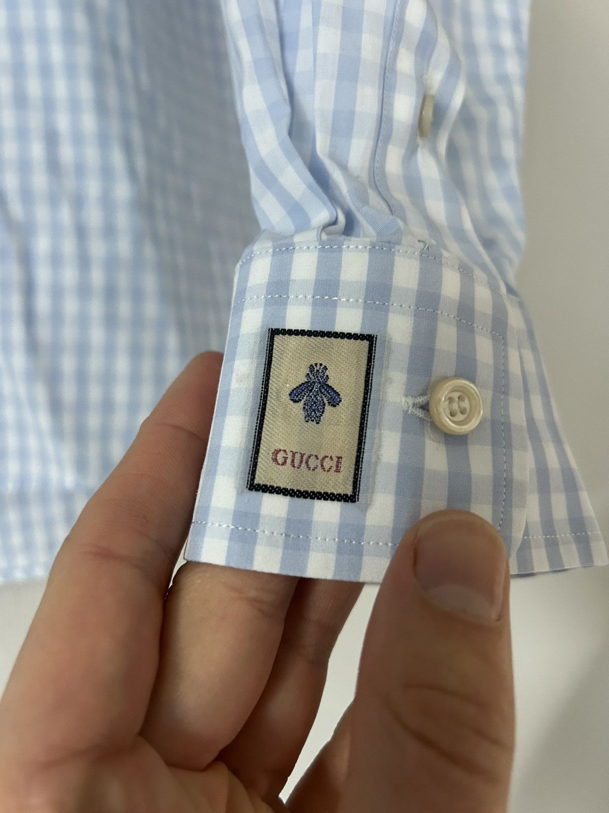 Gucci Gucci Blue Gingham Shirt with Bee Cuff Patch Size US M / EU 48-50 / 2 - 5 Thumbnail