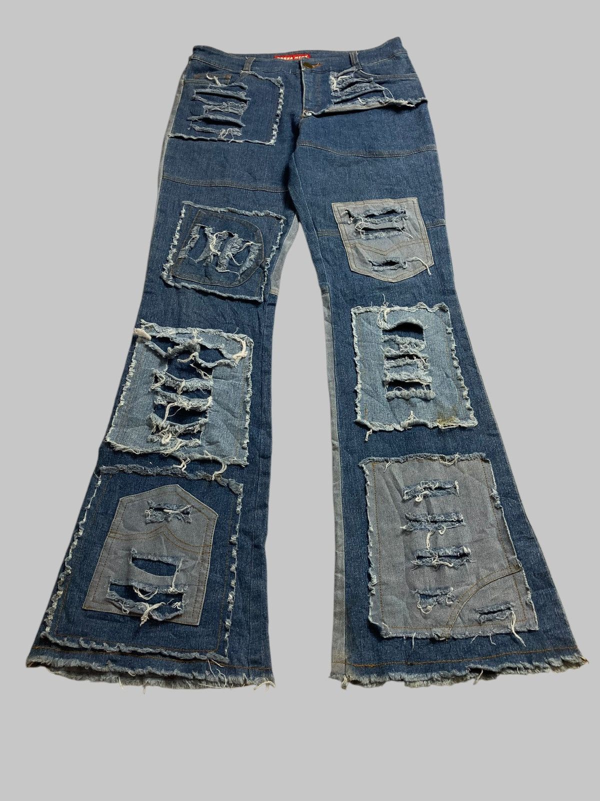 Japanese Brand DONNA MENA Flared Jeans Patchwork Distressed Two Tone RARE💥 Size US 29 - 1 Thumbnail
