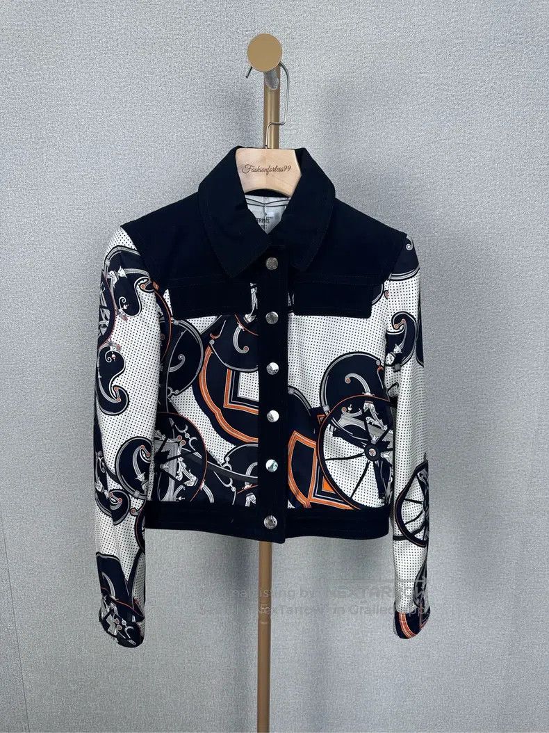 Hermes Hermes Black Printed Denim Jacket Size XXS / US 00 / IT 34 - 1 Thumbnail