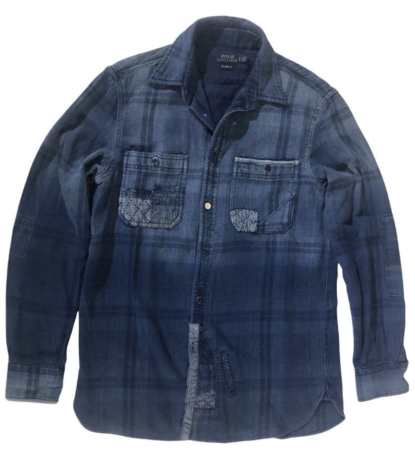 Polo Ralph Lauren PRL plaid blue ombré patchwork distressed wash denim Small Size US S / EU 44-46 / 1 - 1 Thumbnail