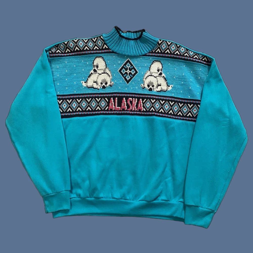 Vintage VINTAGE Heartland Women's Sweater Geometric Aztec Turquoise Raglan Sleeve Mock Neck L Regular Green Pullover 80s 90s Size L / US 10 / IT 46 - 1 Thumbnail