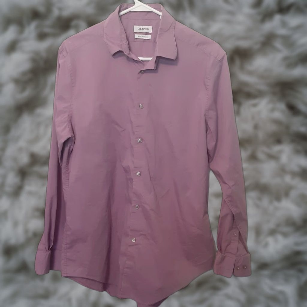 Calvin Klein Calvin Klein Dress Shirt Adult Mens L Purple Slim Stretch Collar Long Sleeve Button Solid 16 Neck Spread Wedding Modern American Styles Size 42R - 1 Thumbnail