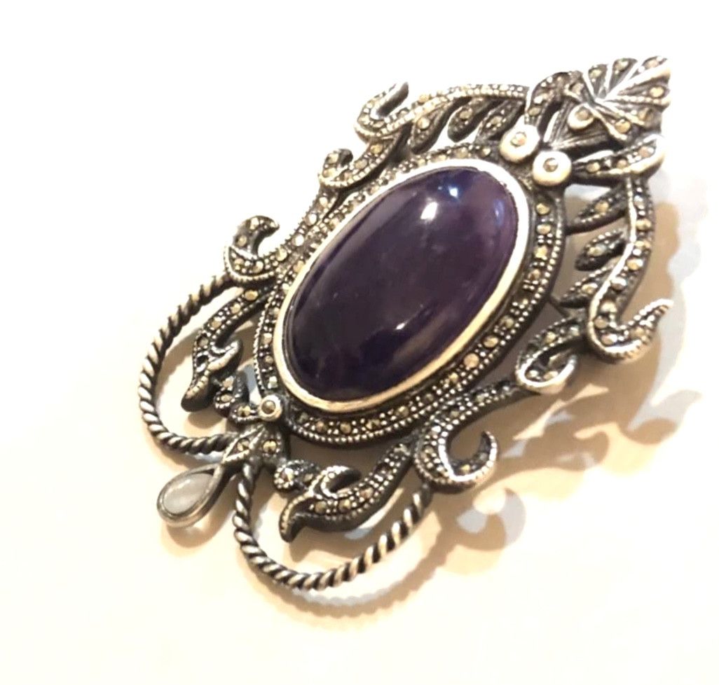 Other Vintage Art Nouveau Sterling Silver Brooch with Amethyst Size ONE SIZE - 2 Thumbnail