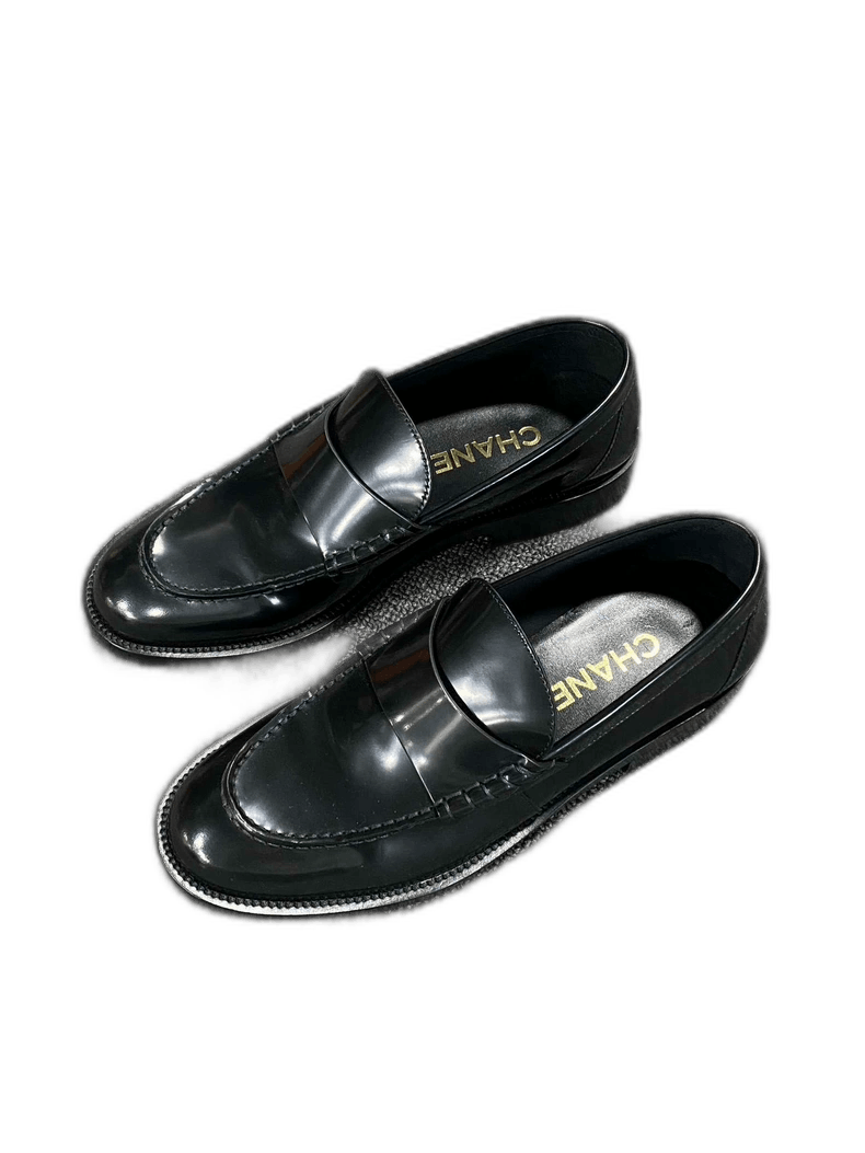 Chanel Black Patent Leather Loafers with Gold Logo Size US 10 / EU 43 - 1 Thumbnail