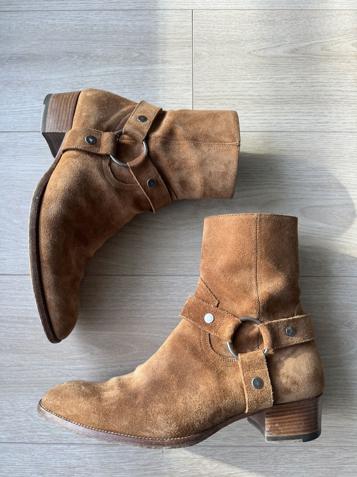 Pre-owned Saint Laurent Wyatt Harness Suede Boots In Brown