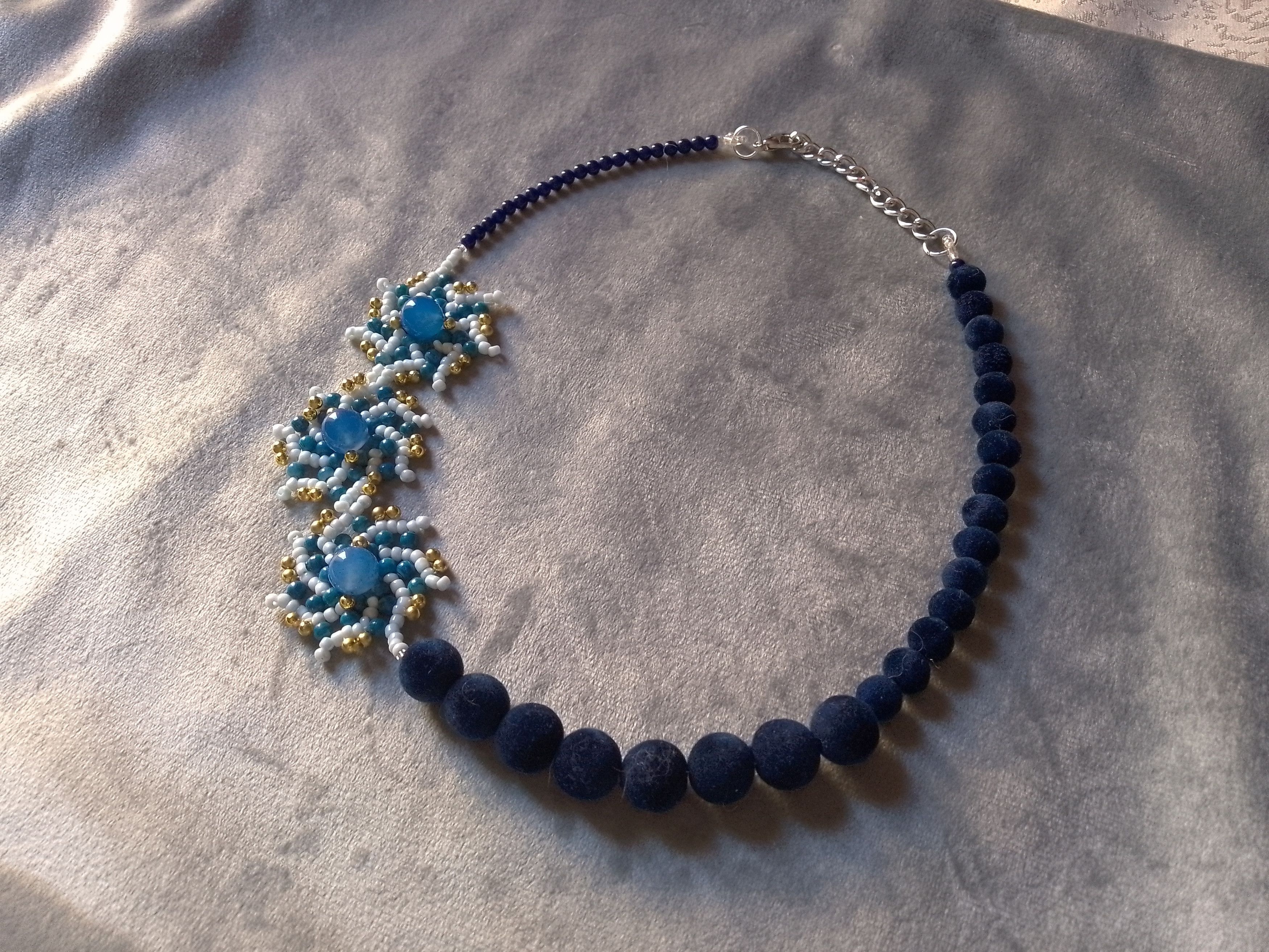 Handmade Glamour Necklace Blue Agate stones +Velvet dark Blue Pearls Size ONE SIZE - 6 Thumbnail
