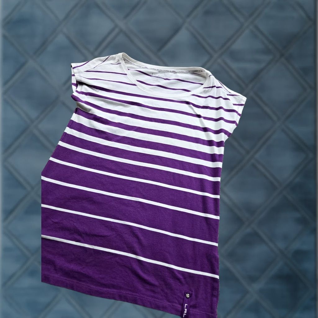 Ralph Lauren Lauren Ralph Lauren Active Shirt Womens Small Purple White Striped Stretch Top T-Shirt Knit Crew Neck Short Sleeve Cap Sleeve Shirt Womens Size S / US 4 / IT 40 - 1 Thumbnail