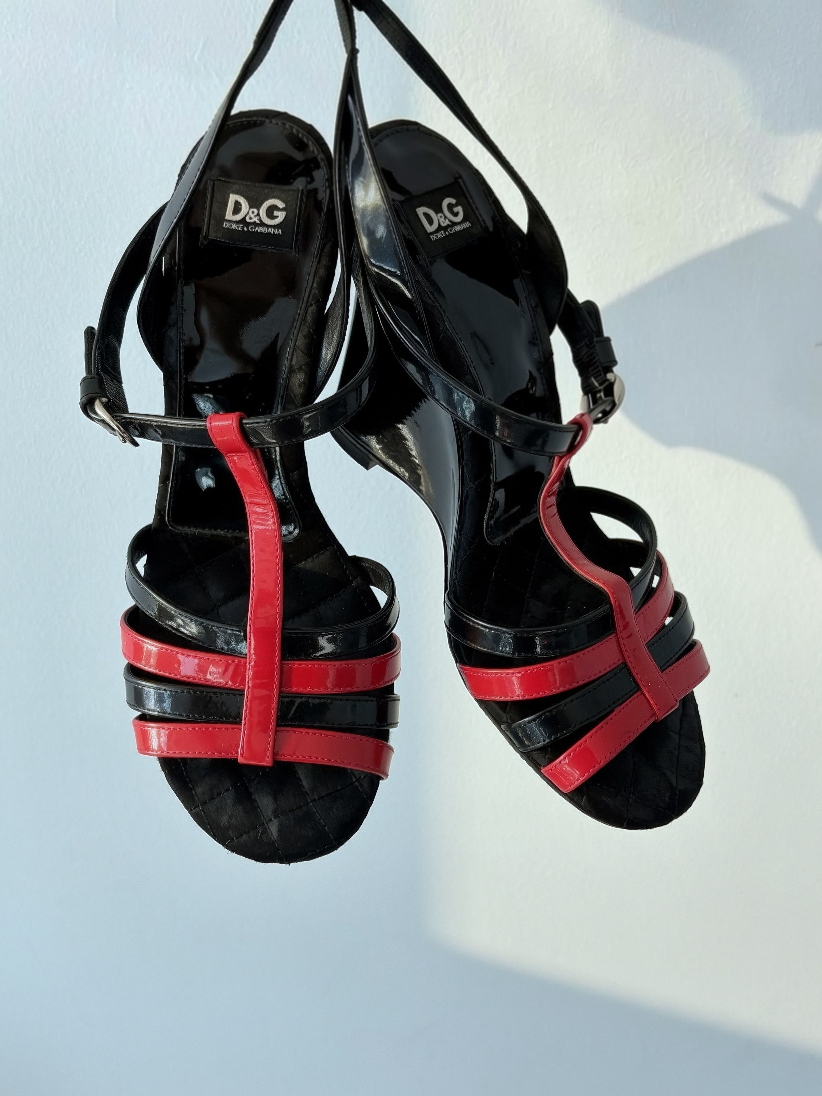 Dolce & Gabbana D&G Dolce & Gabbana Red Black Patent Leather Wedge Sandals Size US 7.5 / IT 37.5 - 7 Thumbnail