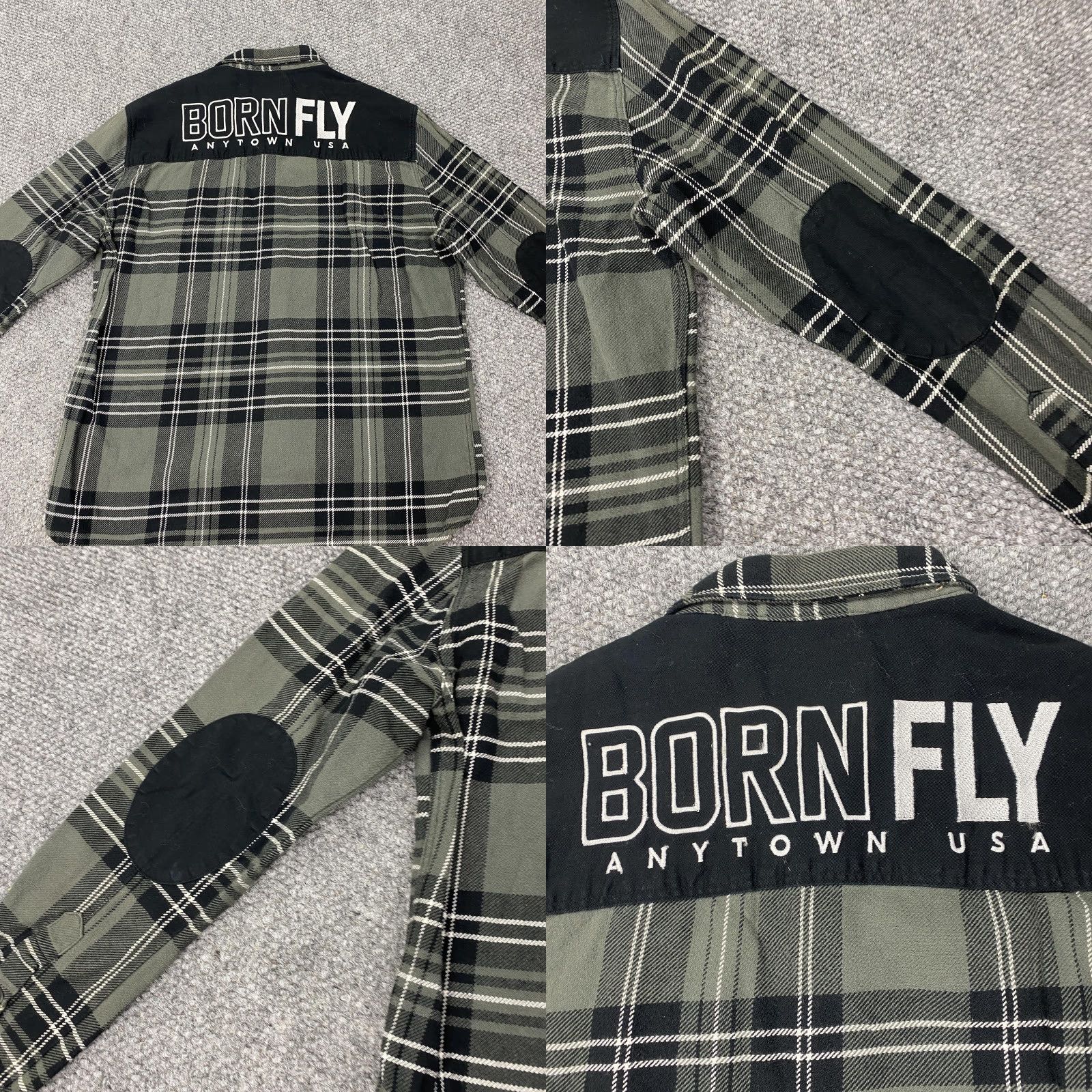 Born Born Fly Flannel Shirt Mens XL Green Black Plaid Long Sleeve Button-Up with Elbow Patches Size US XL / EU 56 / 4 - 8 Thumbnail