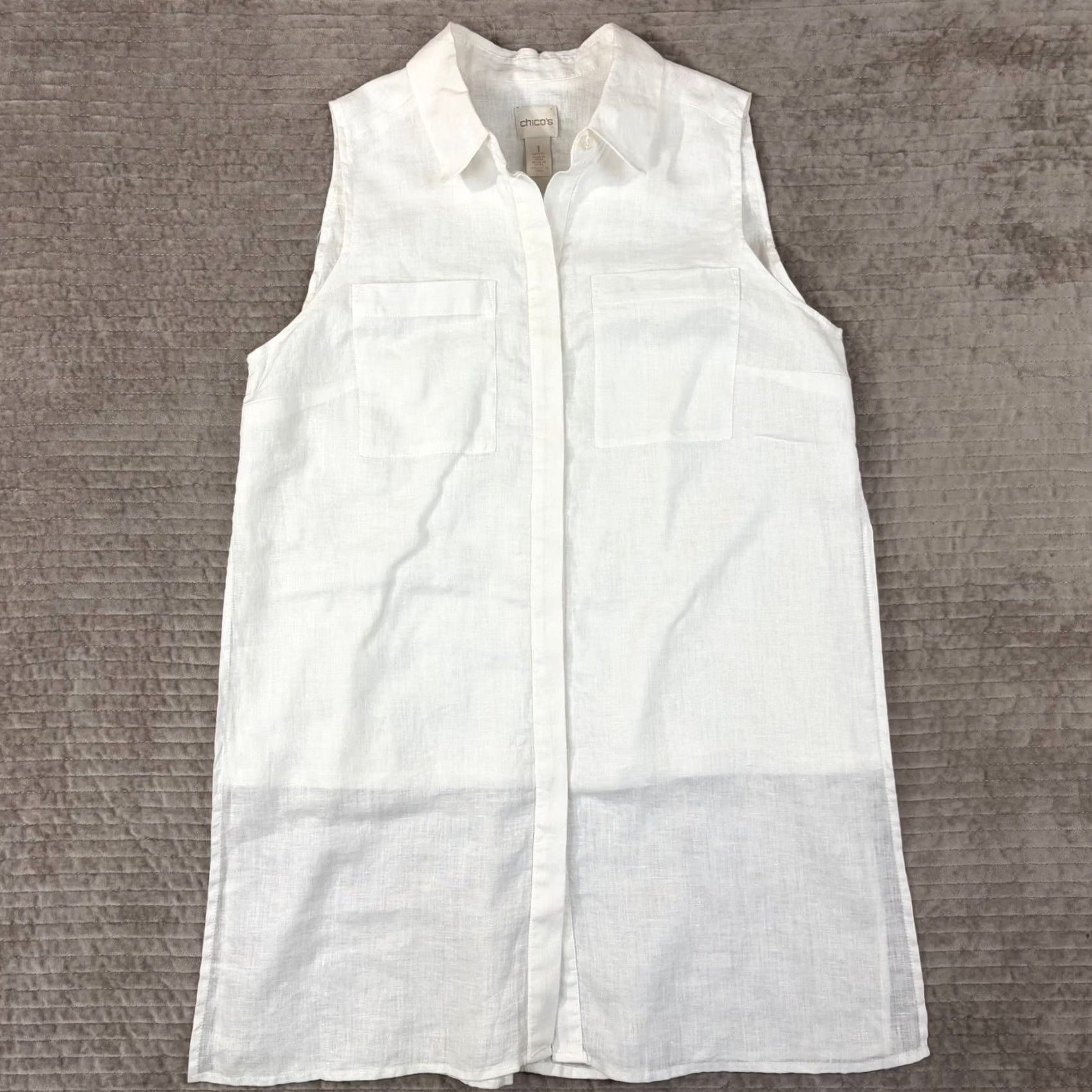 Vintage Chico's Sleeveless Linen Tunic Top White Button Front Pockets Petite 1 M 8P Womens Tunic Size M / US 6-8 / IT 42-44 - 2 Thumbnail