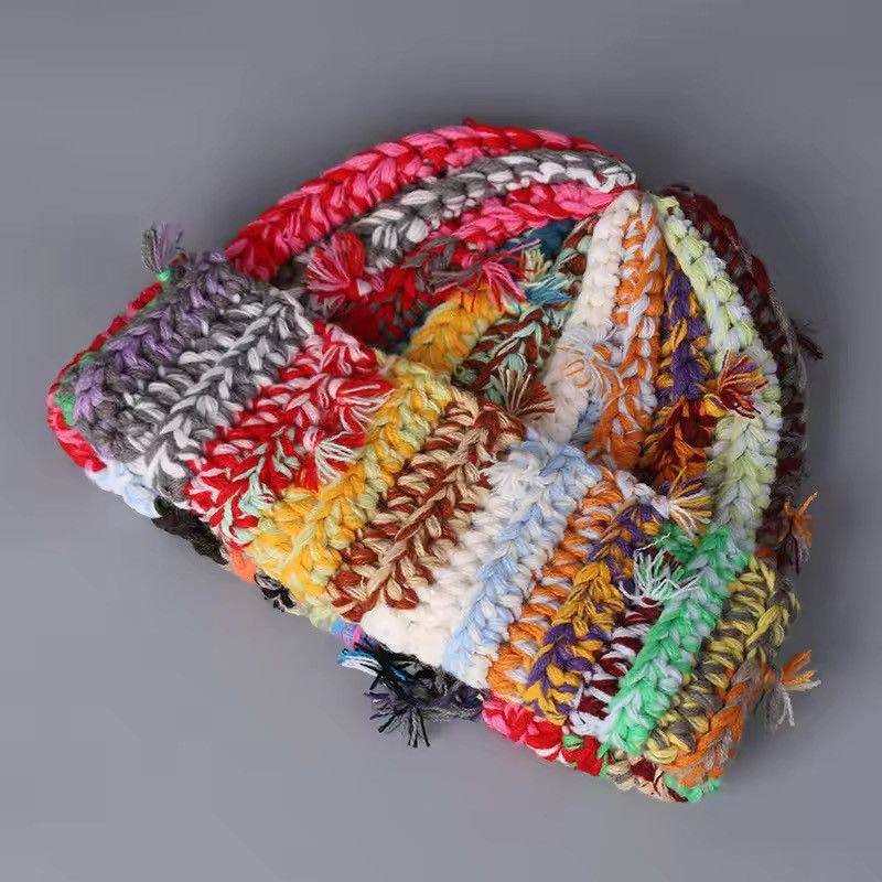 Handmade Multi-strand Twist Mixed Color Knitted Wool Beanie Hat Size ONE SIZE - 4 Thumbnail