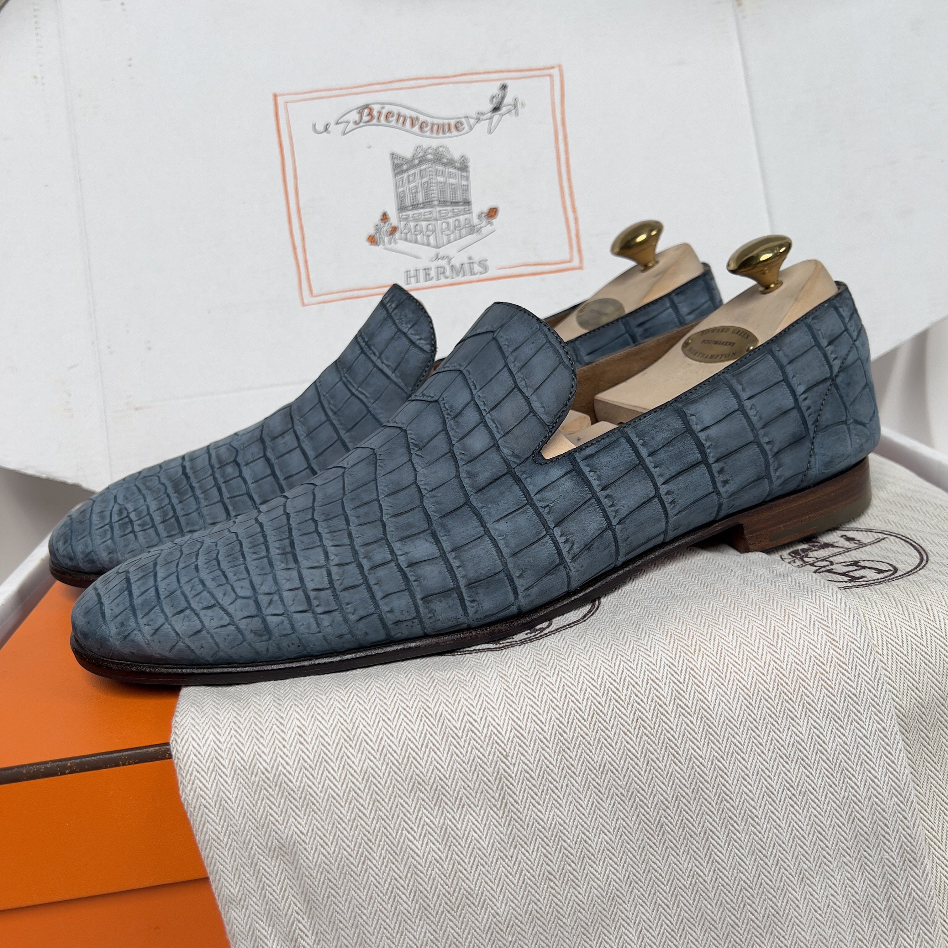 Hermes Loafers Dress Shoes Crocodile Alligator Skin Leather in Blue, Men's (Size 11)