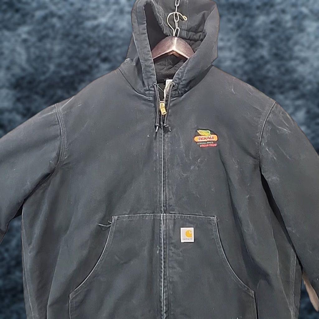 Carhartt J140 Coat XL Black Hooded Quilted Insulated DeKalb Seed Corn Farmer