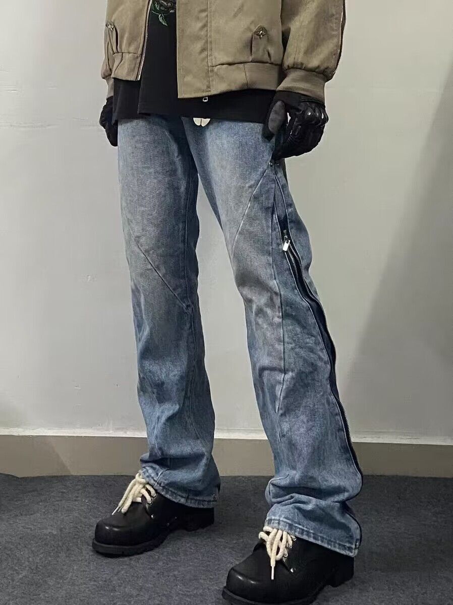 image of Street Hip-Hop Washed Zipper Micro-Flare Jeans in Blue, Men's (Size 32)