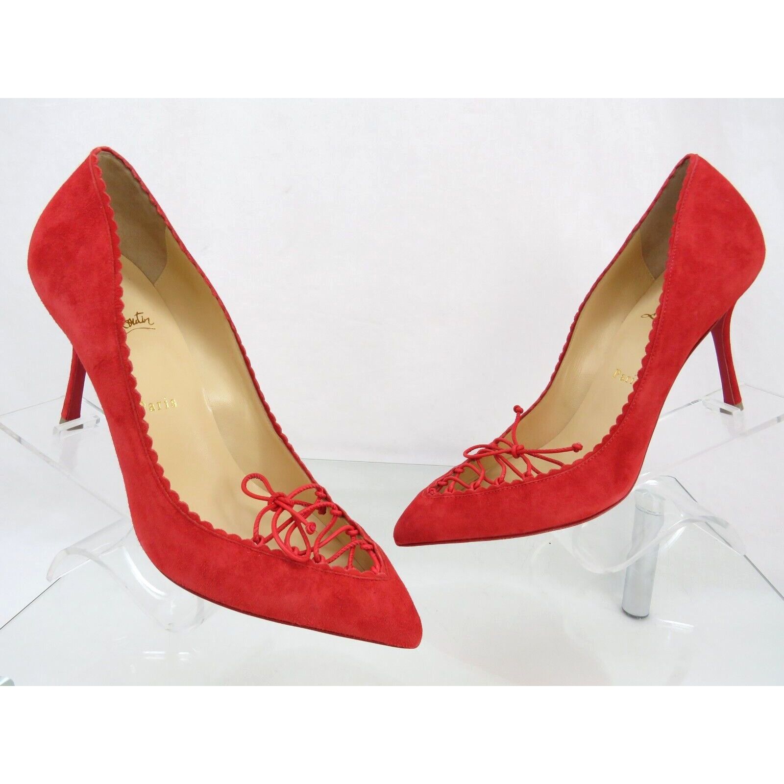Christian Louboutin SCALOPUMP 85 RED SUEDE LEATHER LACE TIE POINTED TOE PUMPS 40 Size US 10 / IT 40 - 2 Thumbnail