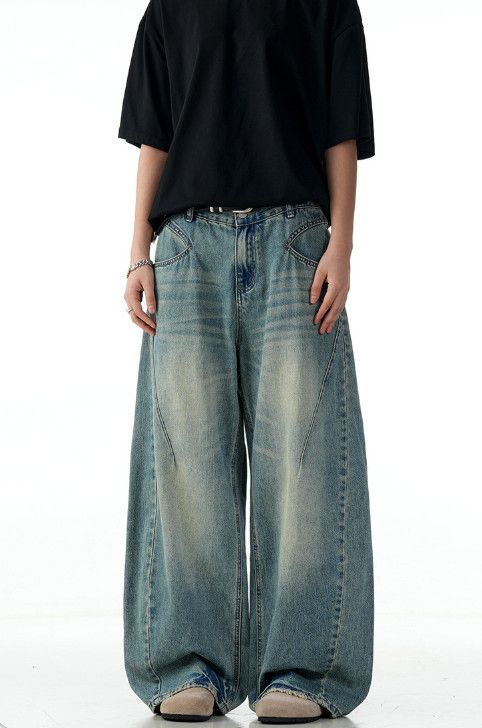 Vintage Retro blue men's loose washed distressed scimitar jeans Size US 32 / EU 48 - 2 Thumbnail