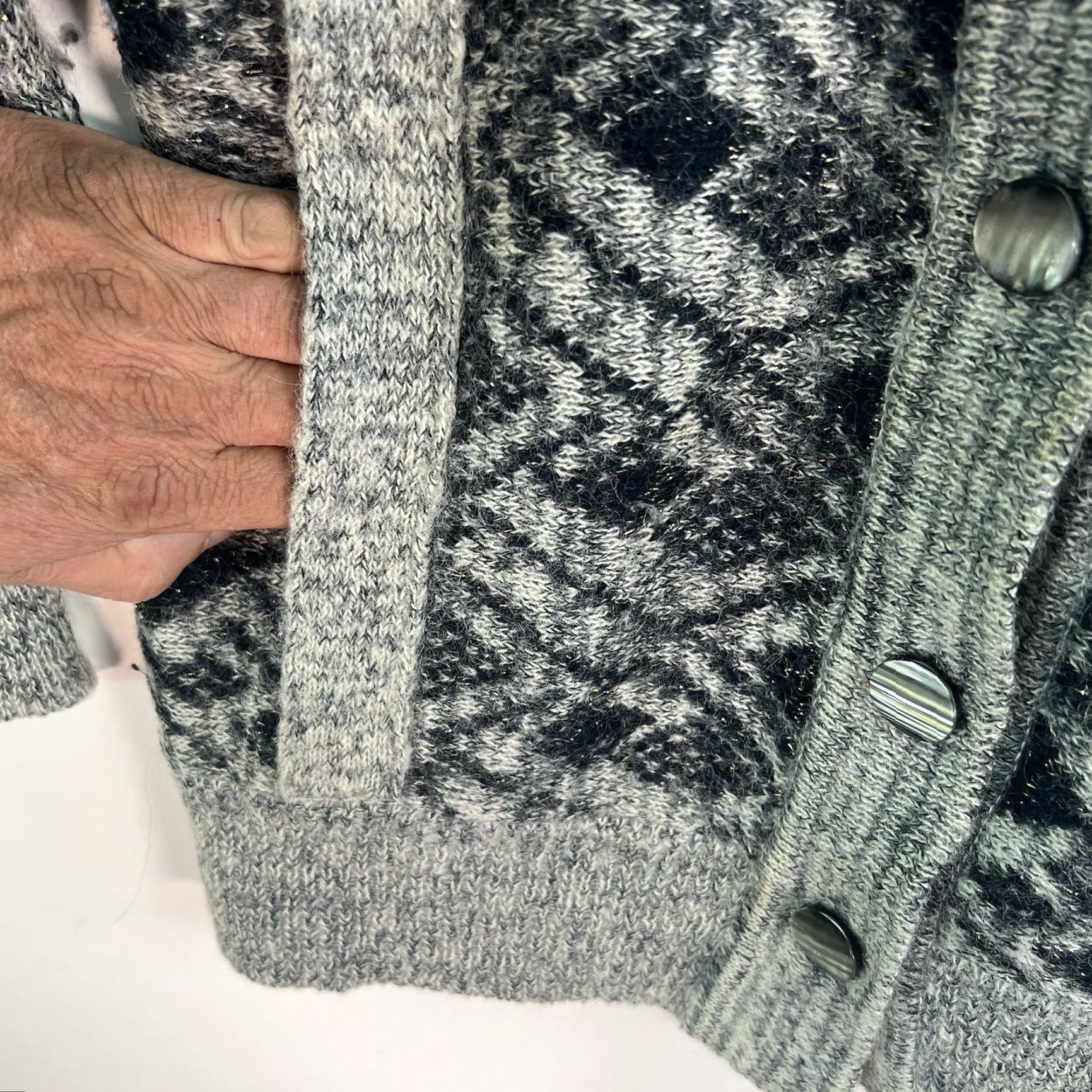 Simons VINTAGE Simon Wool Blend Cardigan Sweater Womens M Gray Geometric V-Neck Lined Casual Classic City Fall Winter Size M / US 6-8 / IT 42-44 - 6 Thumbnail