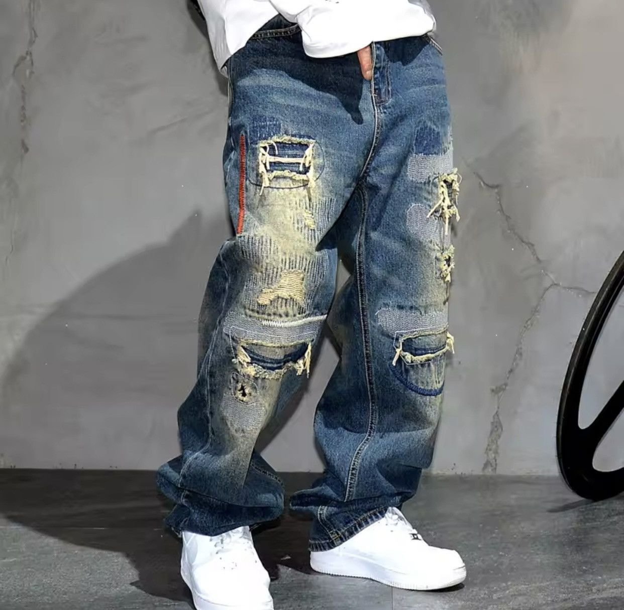 Denime × Jean Streetwear Ripped Patch Jeans Hip Hop Baggy Jeans Size US 30 / EU 46 - 4 Thumbnail