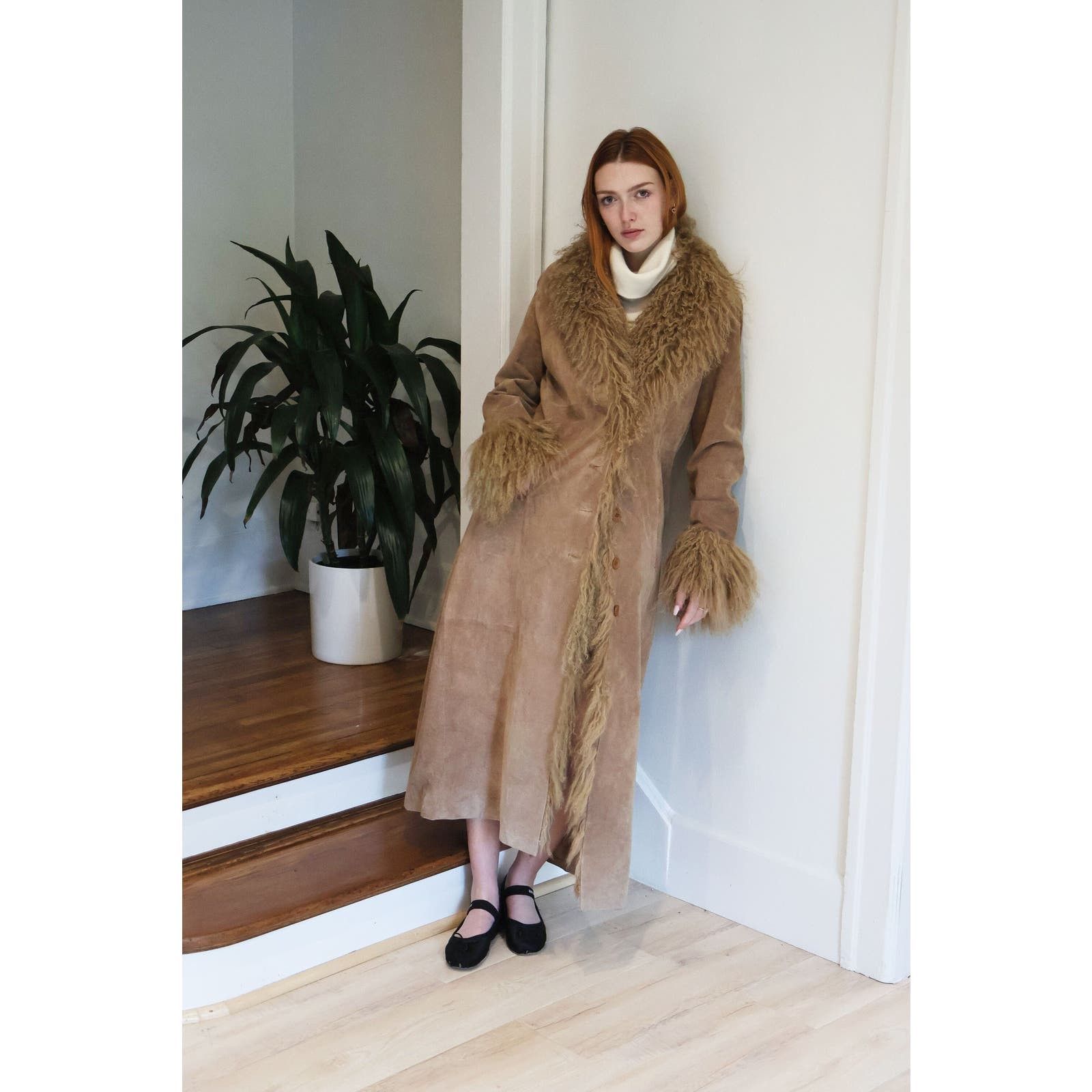 Vintage Y2K Brown Suede Mongolian Lamb Floor Length Coat