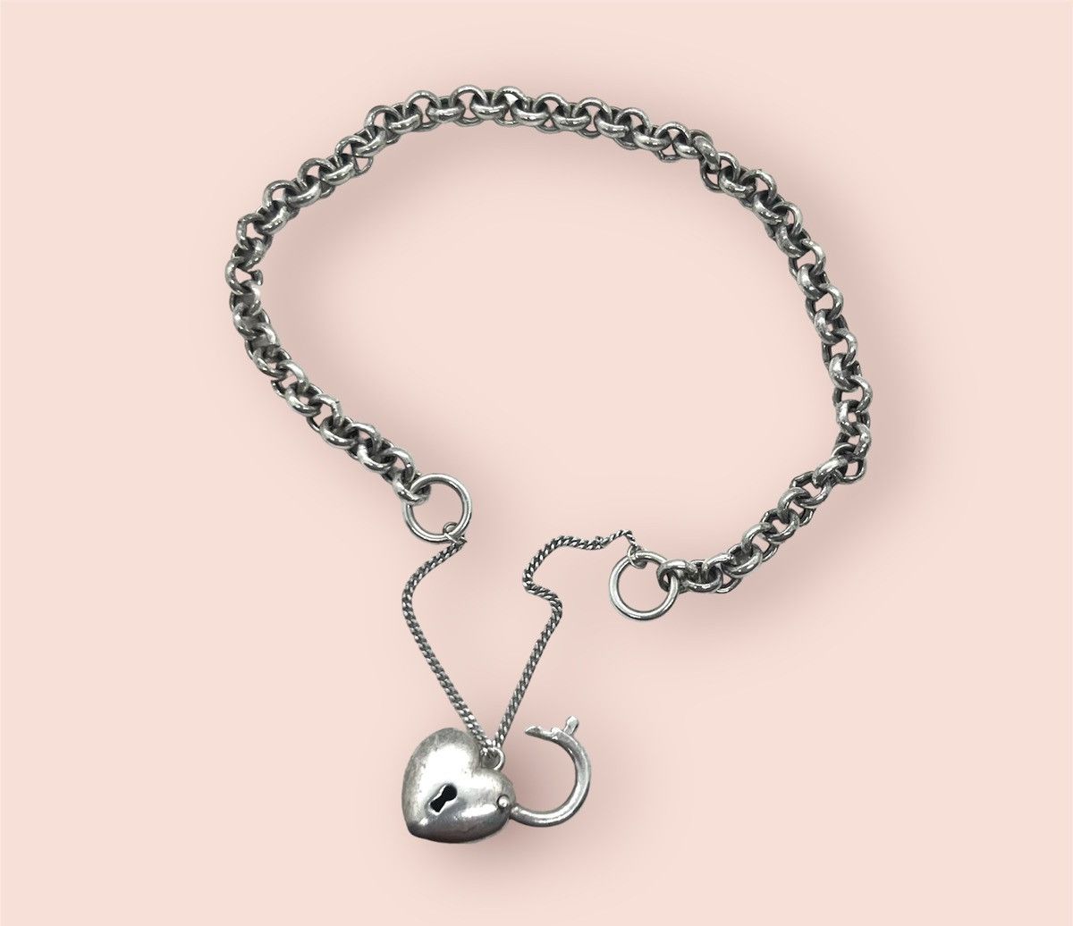 Vintage Vintage Bracelet Silver Belcher Link Heart Lock Charm Size ONE SIZE - 7 Thumbnail