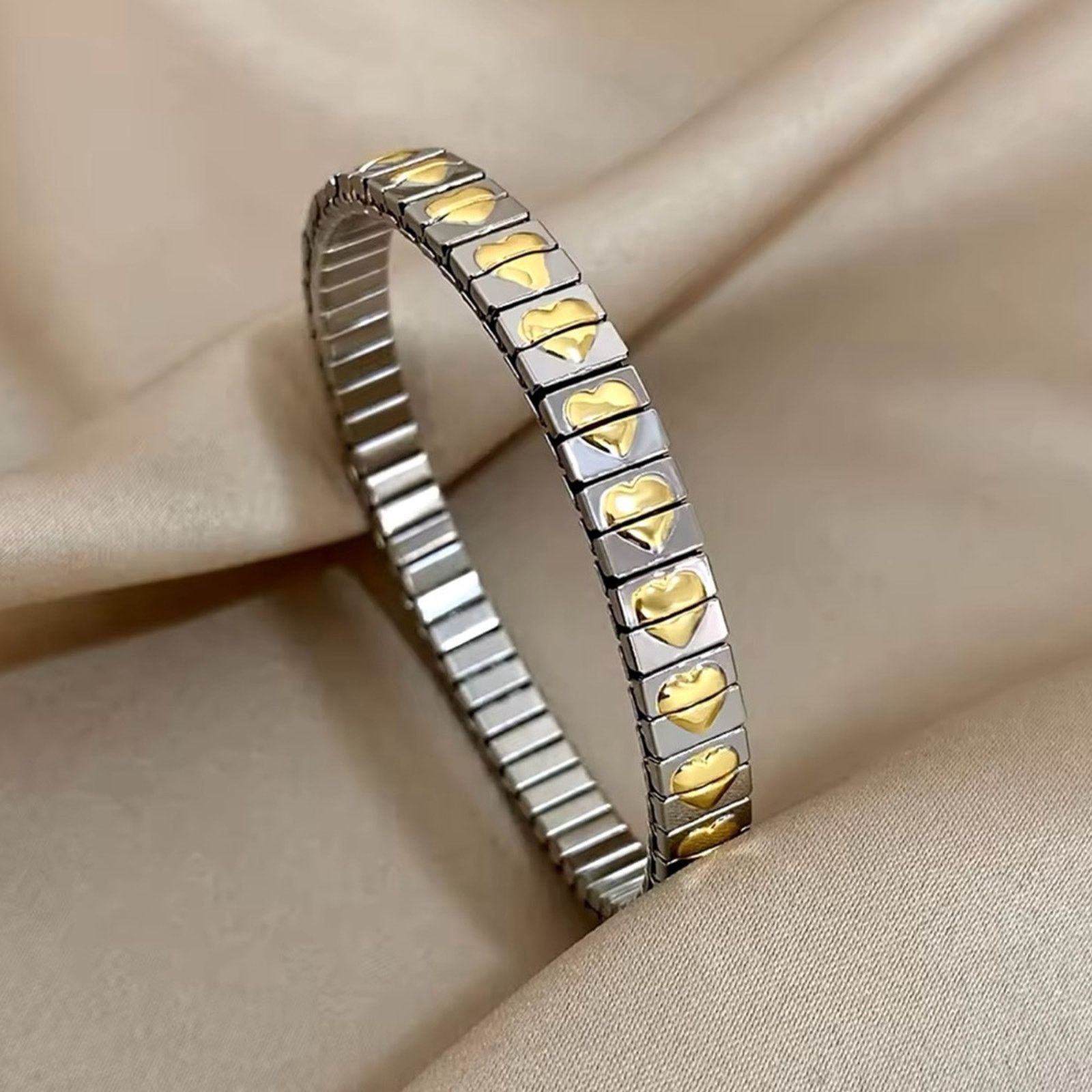 Other Two Tone Stainless Steel Elastic Charm Bracelet for Women Size ONE SIZE - 1 Thumbnail