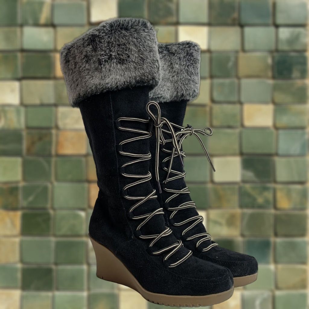 Vintage Rampage Quail Womens Black Lace Up Mid Heel Shoes Boots Fur Trim Size 9