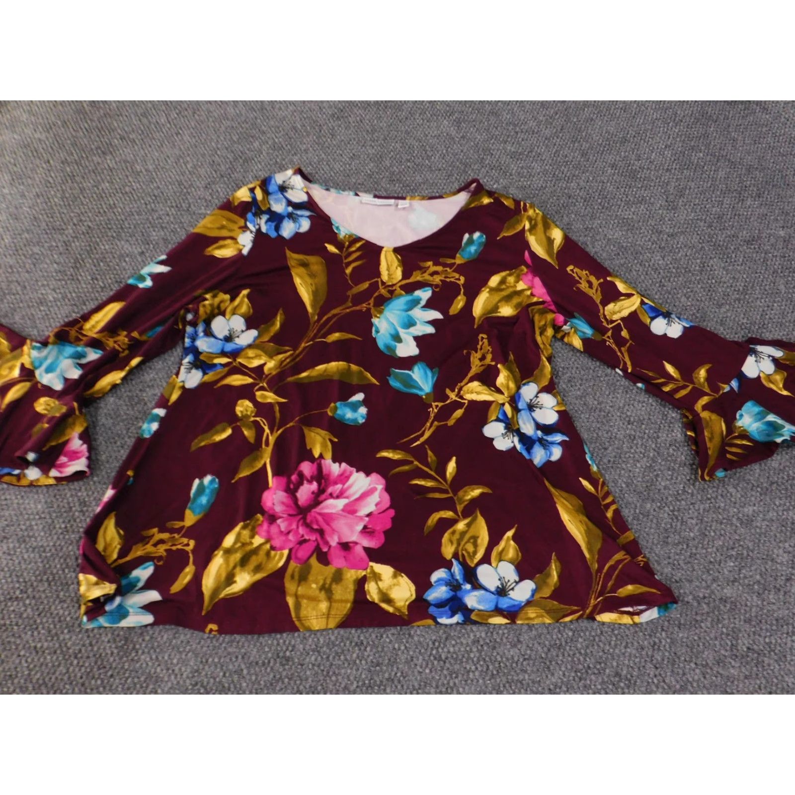 Vintage Susan Graver Shirt Womens XL Burgundy Floral Bell Sleeve Stretch Top Blouse Boho Size XL / US 12-14 / IT 48-50 - 6 Thumbnail