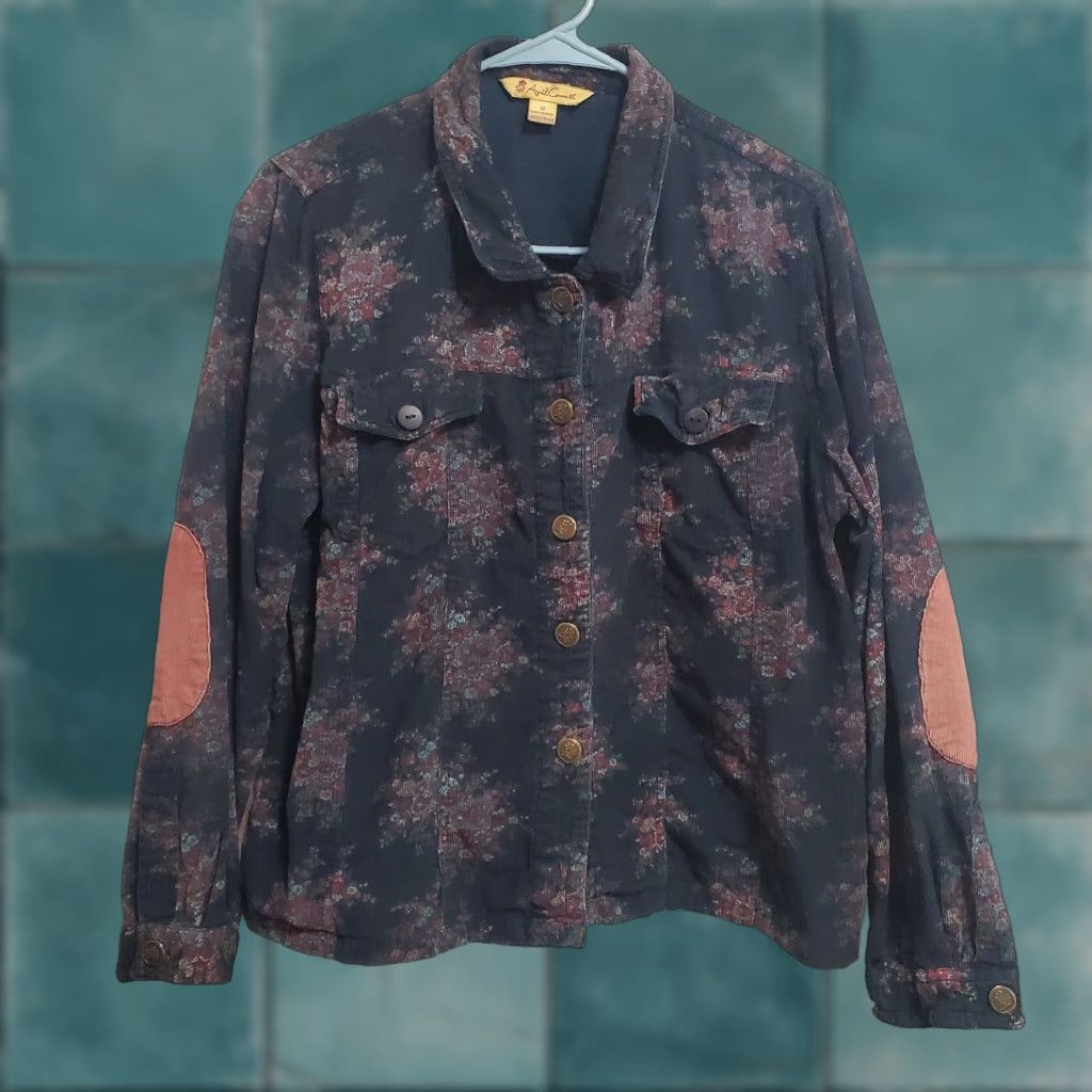VINTAGE April Cornell Corduroy Jacket Women M Black Floral Elbow Patch Lightweight FLaw