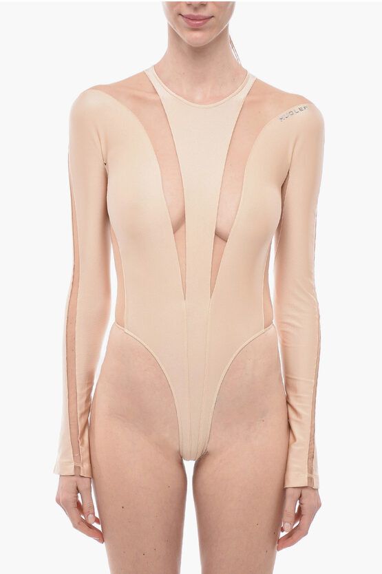 image of Mugler Long Sleeved Bodysuit With See-Throught Details in Pink, Women's (Size Small)