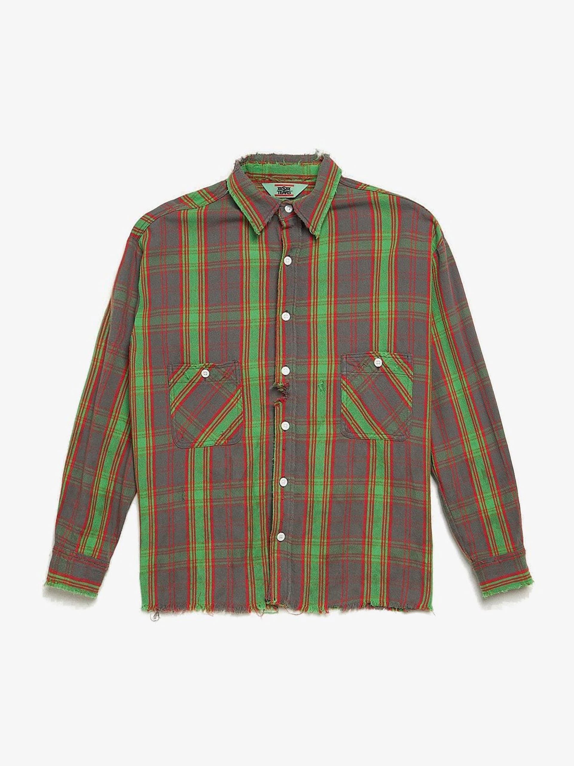 Saint Michael Gray Oversized Green Red Checked Distressed Cotton Shirt Size US M / EU 48-50 / 2 - 1 Thumbnail