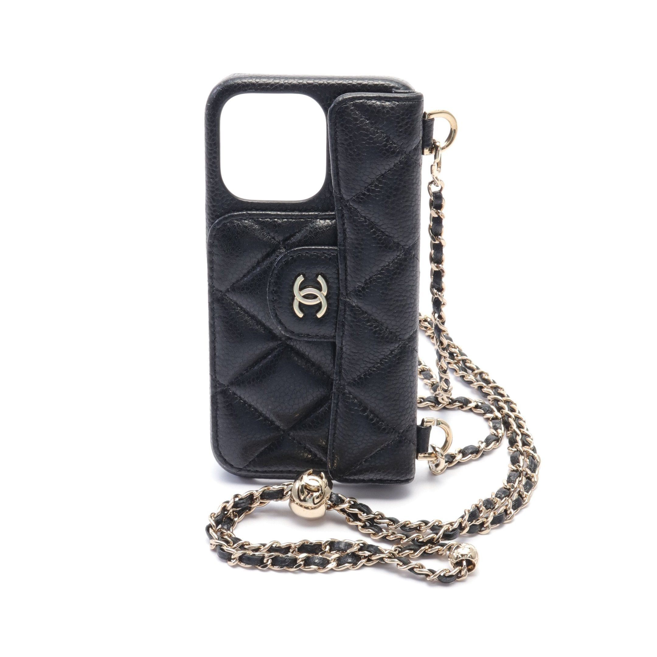 image of Chanel Matelasse Coco Mark Exclusively For Iphone 13/13 Pro Iphone Case Leather Black Gold Hardware
