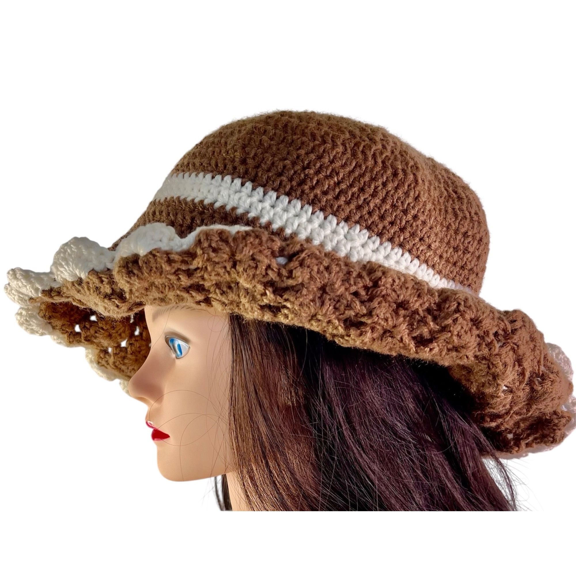 Handmade Crochet Bucket Hat Retro Cloche Style Brown and Cream Handma Size ONE SIZE - 6 Thumbnail