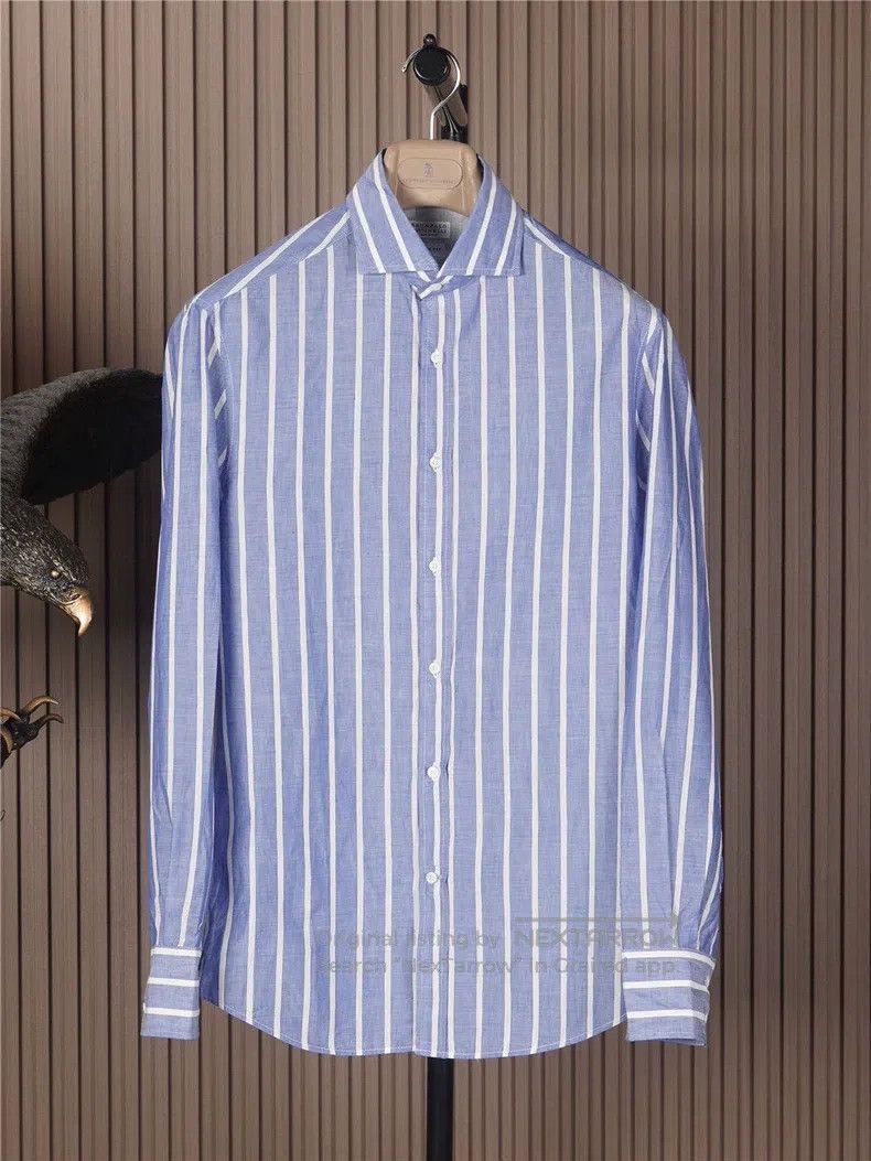 Brunello Cucinelli Brunello Cucinelli size 39 Men's Blue Striped Windsor Colla Size US XS / EU 42 / 0 - 1 Thumbnail