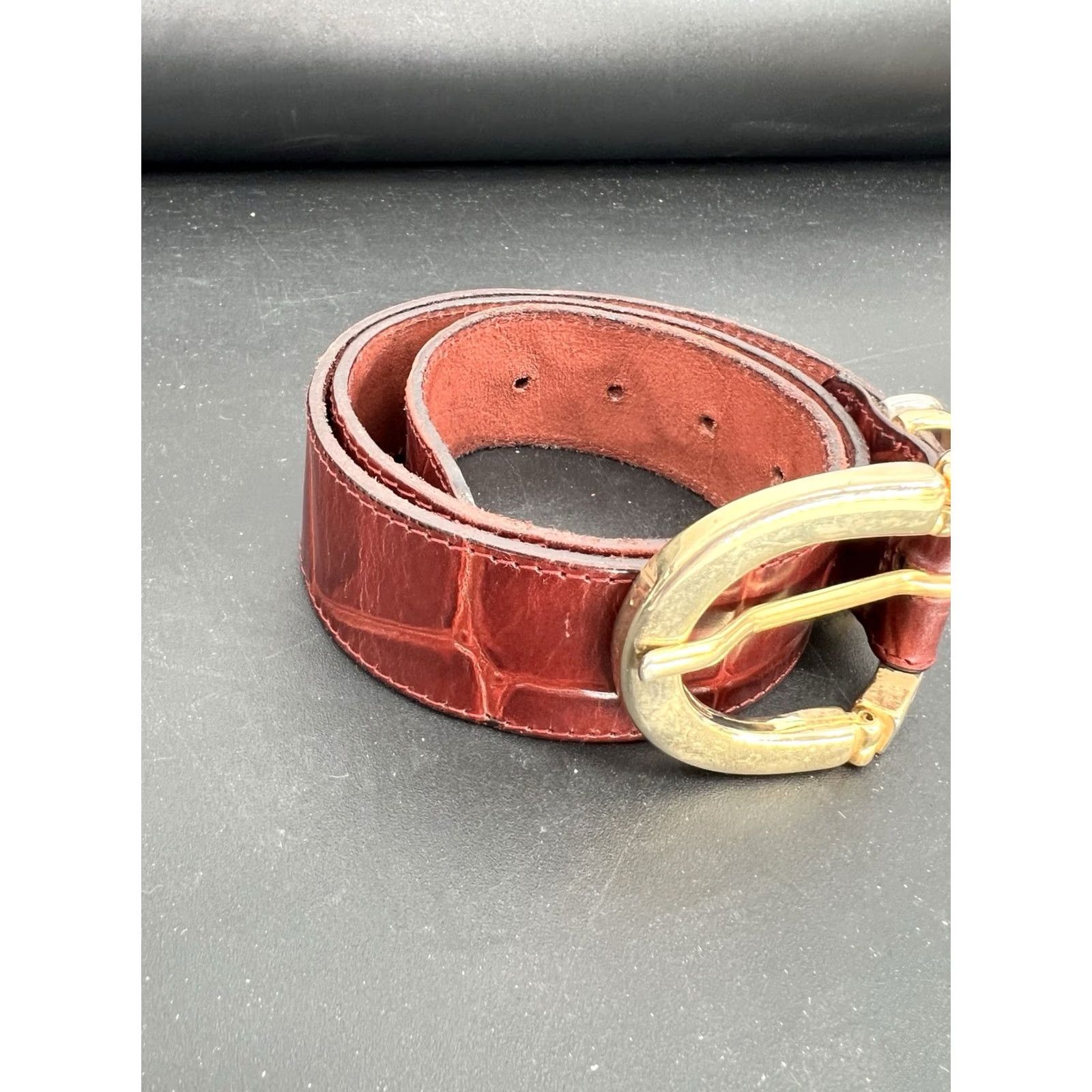 Vintage VINTAGE Doppia Vita Brown Leather Belt Gold Buckle Made In Italy Belt Women One Size Brown Western Buckle Adjustable Textured Size ONE SIZE - 2 Thumbnail
